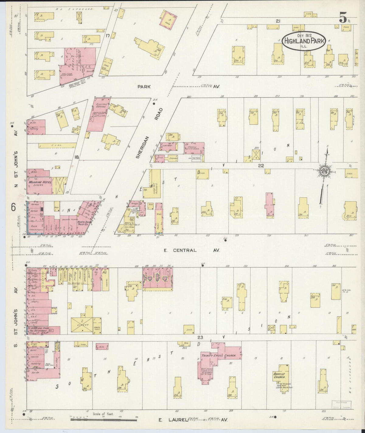 Sanborn Fire Insurance Map from Highland Park, Lake County, Illinois (1912), Sheet #0005 - Historic Sanborn Fire Insurance Map Print, vintage old map wall art, antique decor, genealogy gift, Illinois Illinois map