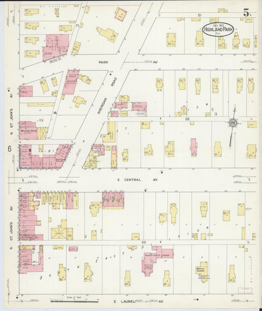 Sanborn Fire Insurance Map from Highland Park, Lake County, Illinois (1912), Sheet #0005 - Historic Sanborn Fire Insurance Map Print, vintage old map wall art, antique decor, genealogy gift, Illinois Illinois map