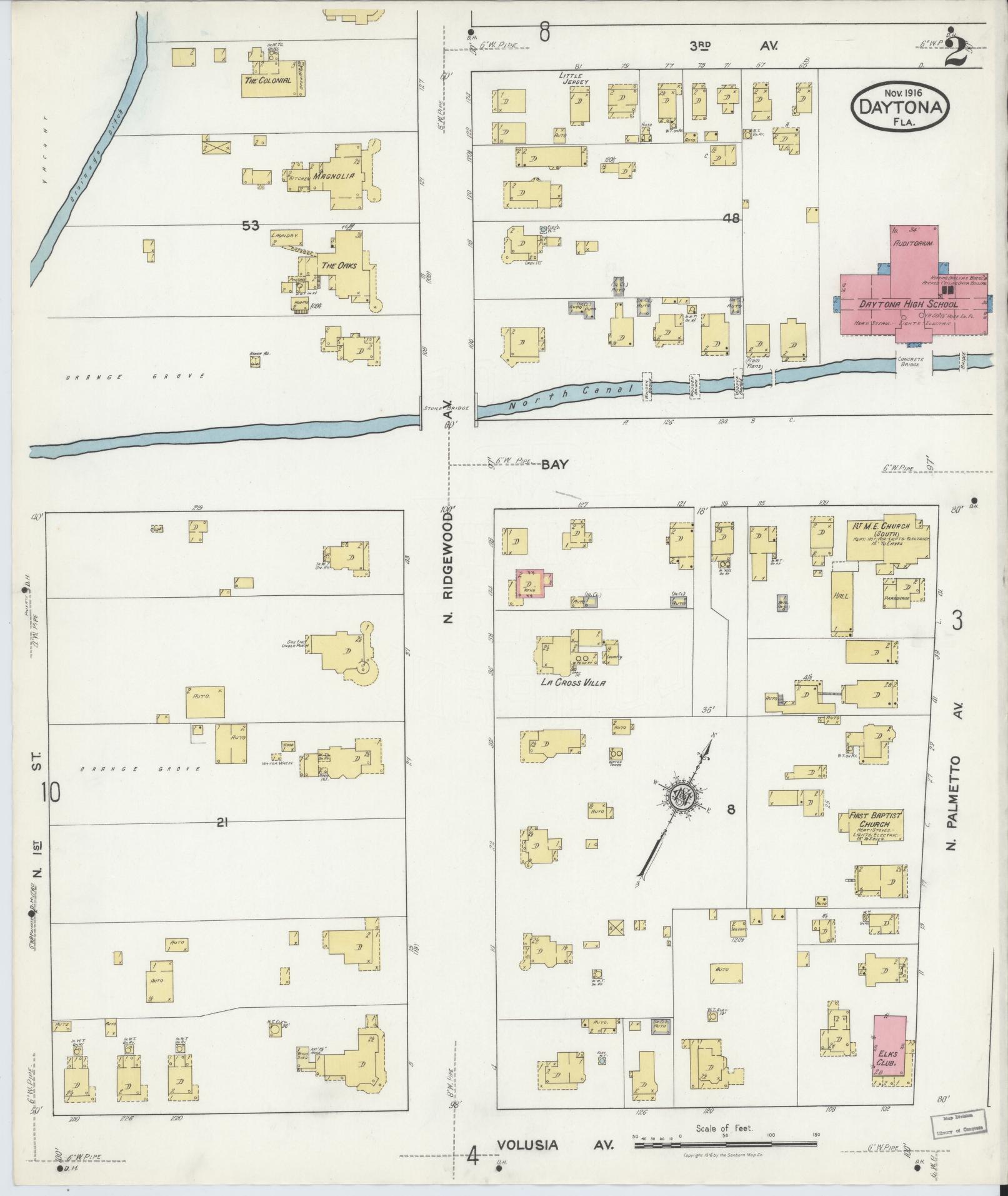 Sanborn Fire Insurance Map from Daytona, Volusia County, Florida (1916), Sheet #0002 - Complete Map Set gallery image, historic Sanborn map, vintage wall art, Florida Florida