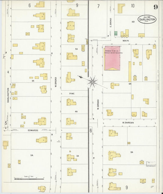Sanborn Fire Insurance Map from Darlington, Darlington County, South Carolina (1908), Sheet #0009 - Historic Sanborn Fire Insurance Map Print, vintage old map wall art, antique decor, genealogy gift, South Carolina South Carolina map