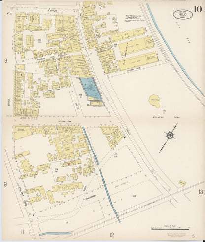 Sanborn Fire Insurance Map from Hilo, Hawaii County, Hawaii (1914), Sheet #0010 - Historic Sanborn Fire Insurance Map Print, vintage old map wall art