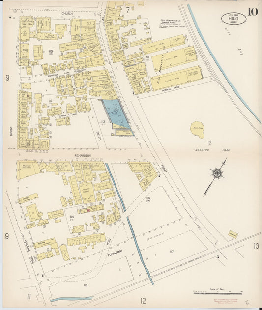 Sanborn Fire Insurance Map from Hilo, Hawaii County, Hawaii (1914), Sheet #0010 - Historic Sanborn Fire Insurance Map Print, vintage old map wall art