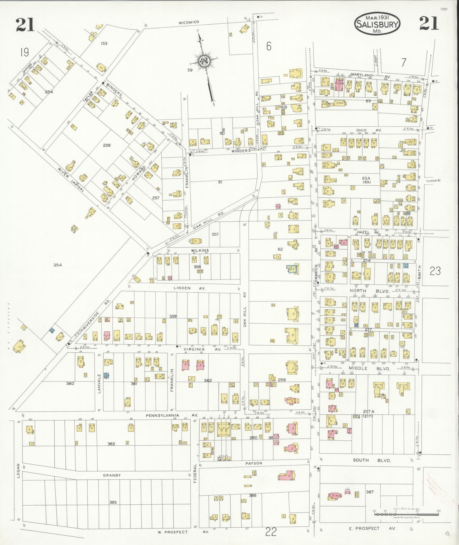 Sanborn Fire Insurance Map from Salisbury, Wicomico County, Maryland (1931), Sheet #0021 - Complete Map Set gallery image, historic Sanborn map, vintage wall art, Maryland Maryland