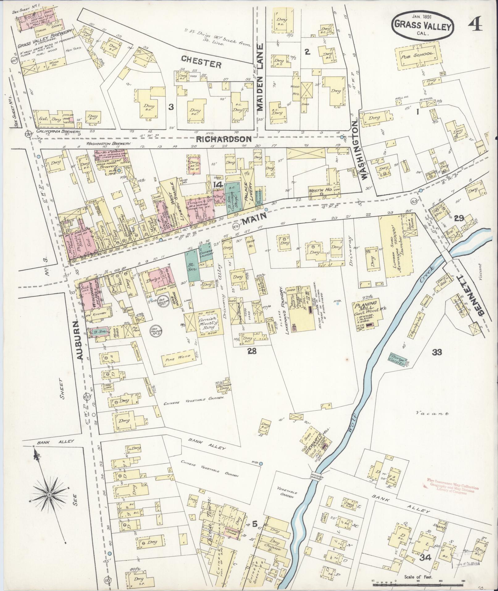 Sanborn Fire Insurance Map from Grass Valley, Nevada County, California (1891), Sheet #0004 - Historic Sanborn Fire Insurance Map Print, vintage old map wall art, antique decor, genealogy gift, Grass Valley Nevada map