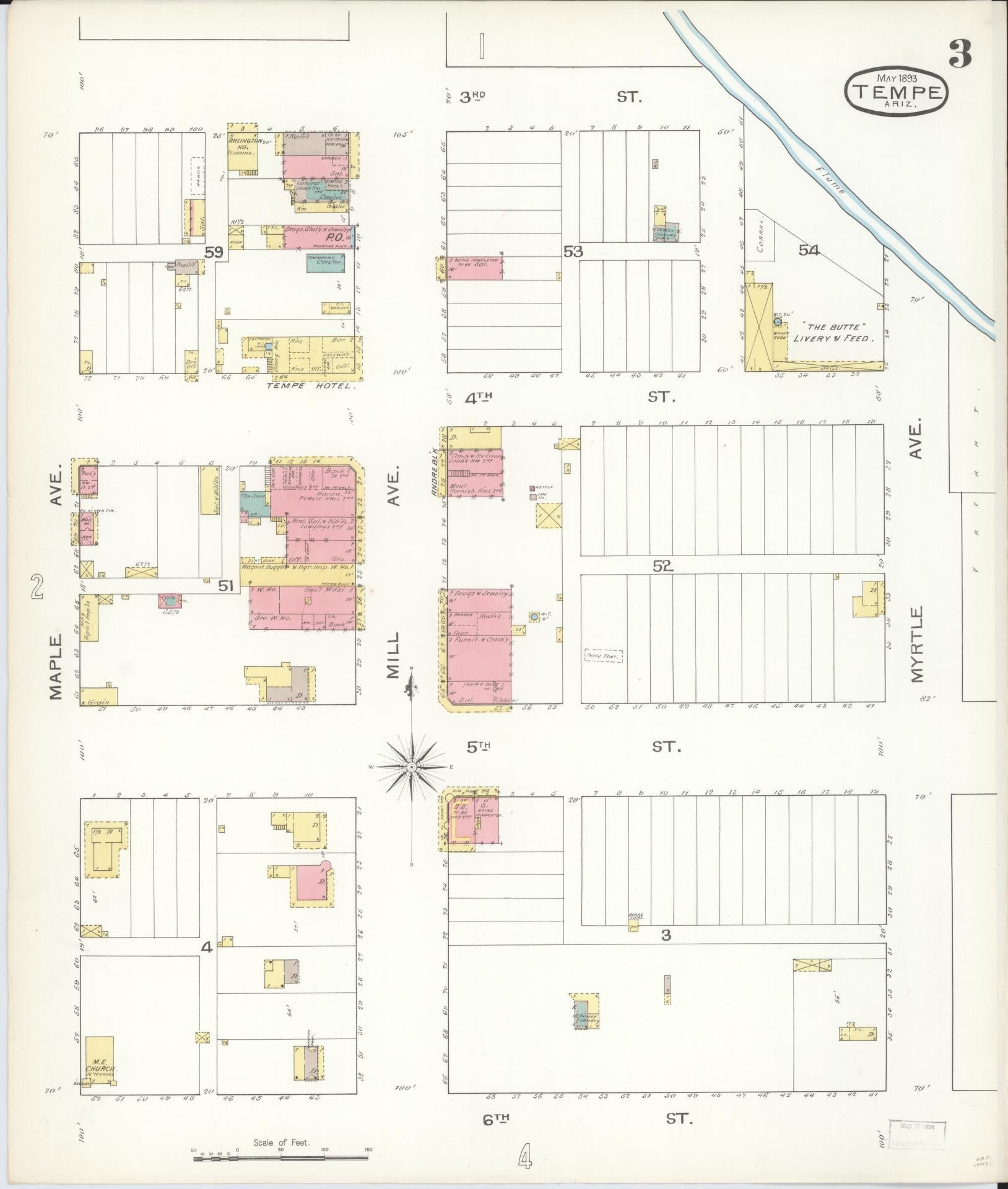 Sanborn Fire Insurance Map from Tempe, Maricopa County, Arizona (1893), Sheet #0003 - Complete Map Set gallery image, historic Sanborn map, vintage wall art, Arizona Arizona