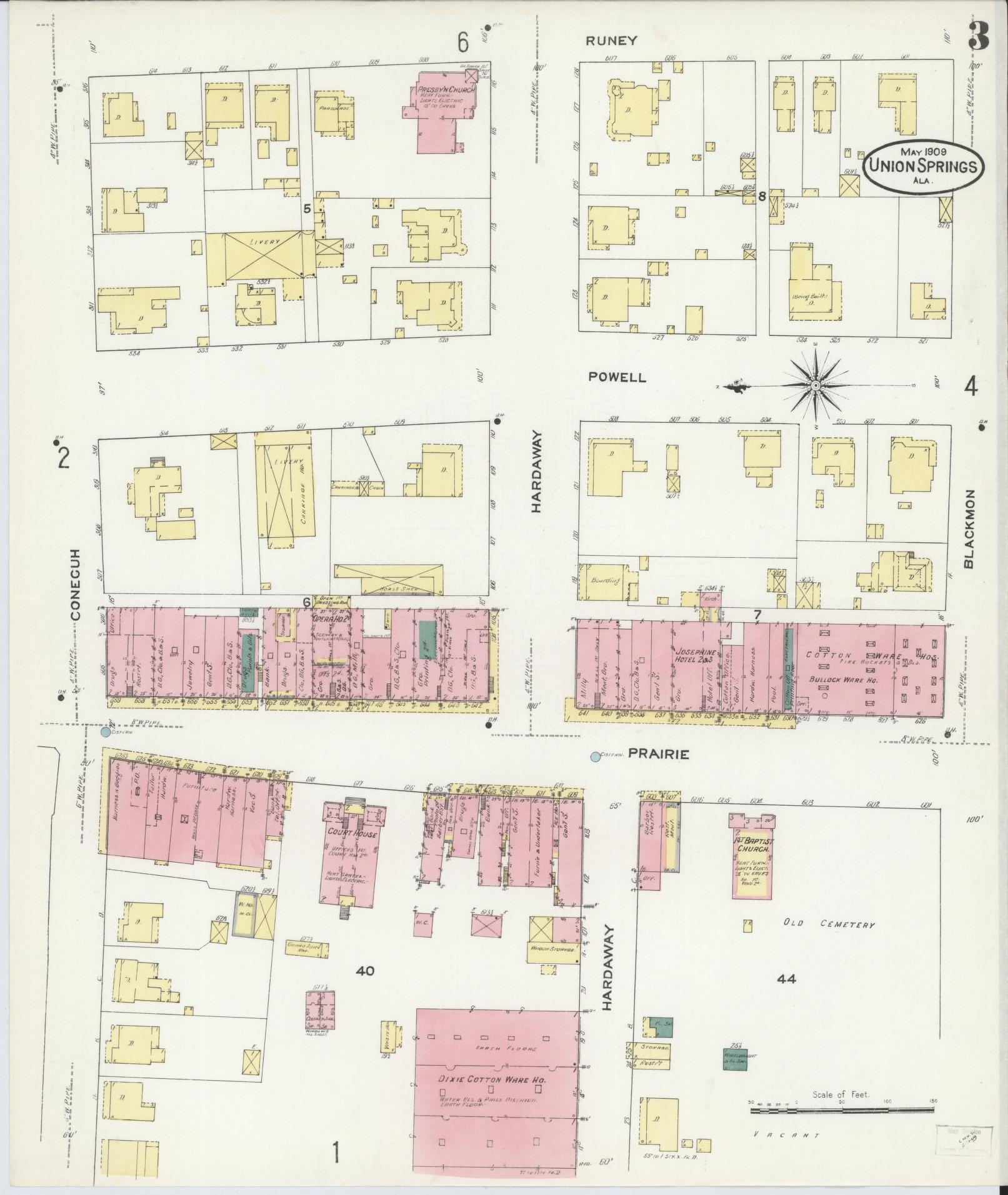 Sanborn Fire Insurance Map from Union Springs, Bullock County, Alabama (1909), Sheet #0003 - Complete Map Set gallery image, historic Sanborn map, vintage wall art, Alabama Alabama