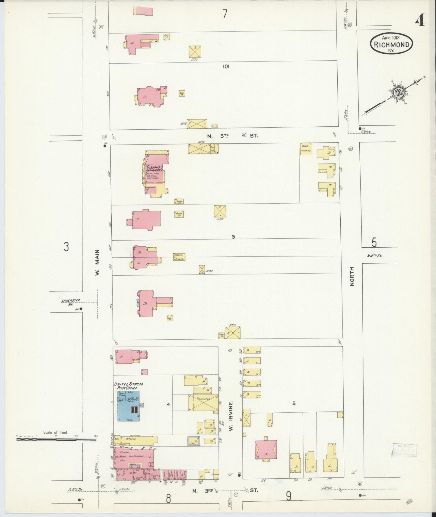 Sanborn Fire Insurance Map from Richmond, Madison County, Kentucky (1912), Sheet #0004 - Complete Map Set gallery image, historic Sanborn map, vintage wall art, Kentucky Kentucky