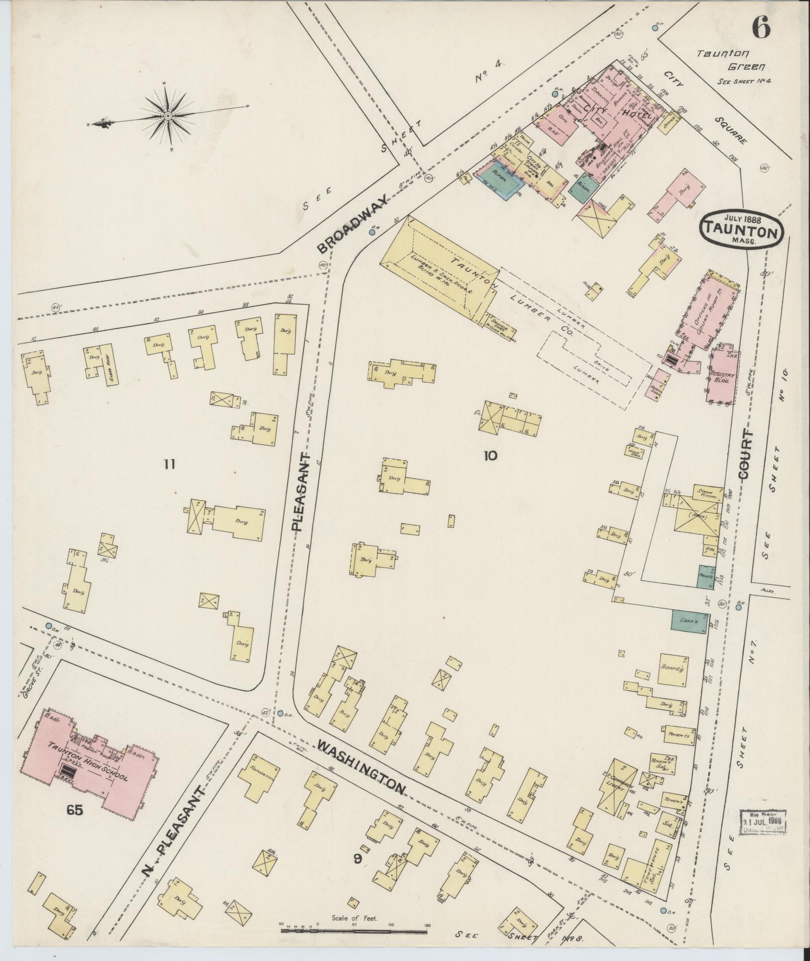 Sanborn Fire Insurance Map from Taunton, Bristol County, Massachusetts (1888), Sheet #0006 - Historic Sanborn Fire Insurance Map Print, vintage old map wall art, antique decor, genealogy gift, Massachusetts Massachusetts map