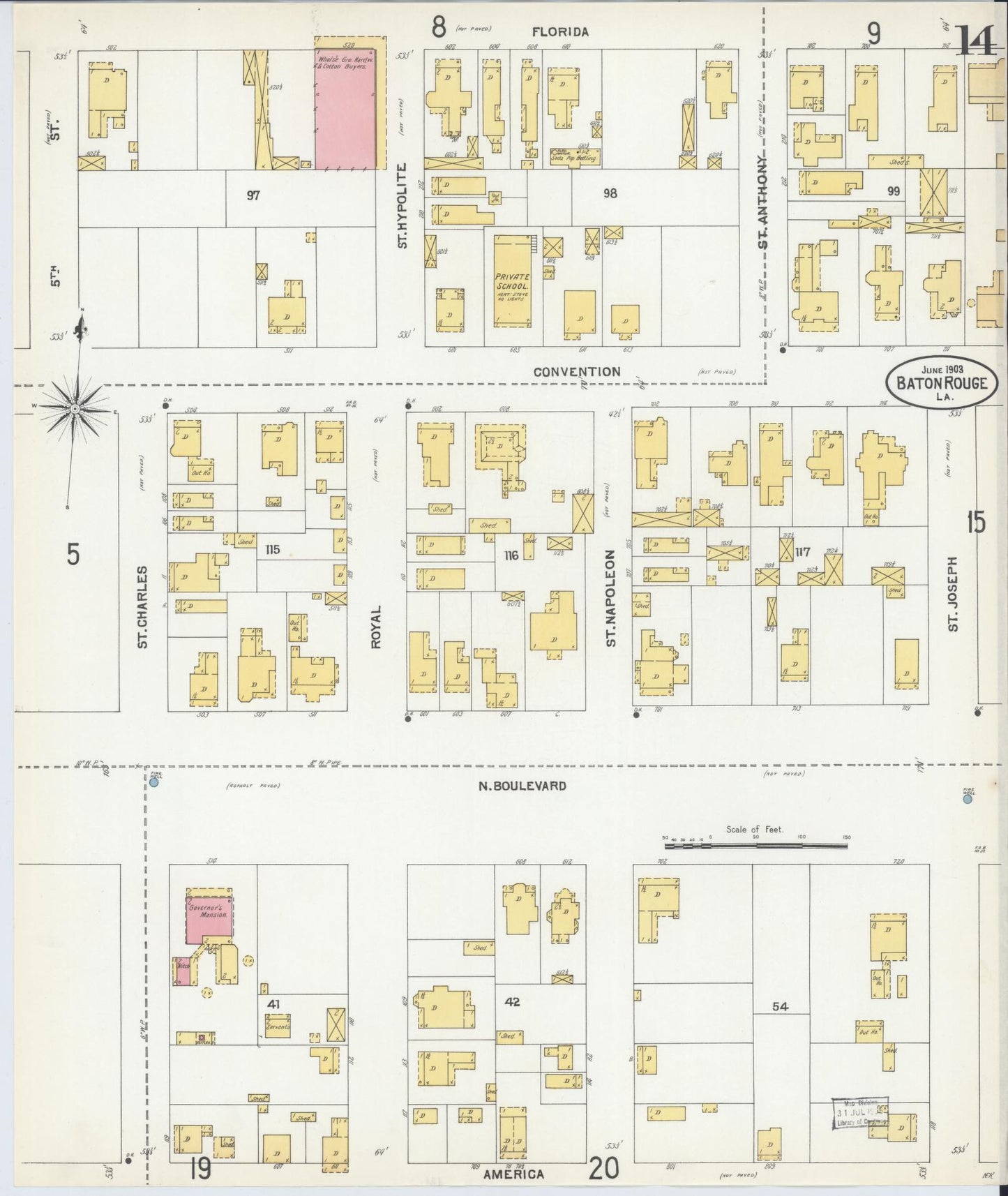 Sanborn Fire Insurance Map from Baton Rouge, East Baton Rouge Parish, Louisiana (1903), Sheet #0014 - Historic Sanborn Fire Insurance Map Print, vintage old map wall art, antique decor, genealogy gift, Louisiana Louisiana map