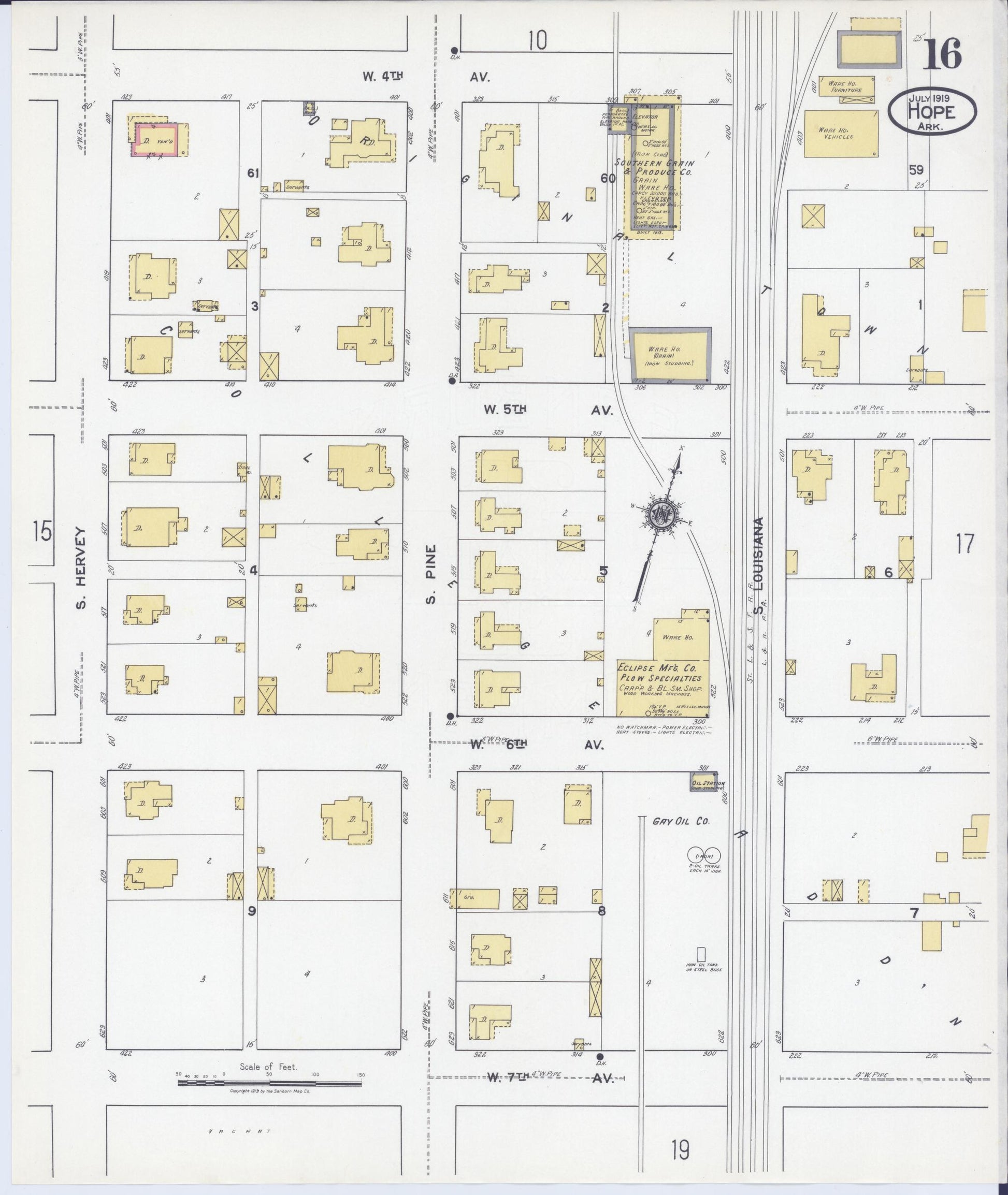 Sanborn Fire Insurance Map from Hope, Hempstead County, Arkansas (1919), Sheet #0016 - Complete Map Set gallery image, historic Sanborn map, vintage wall art, Arkansas Arkansas