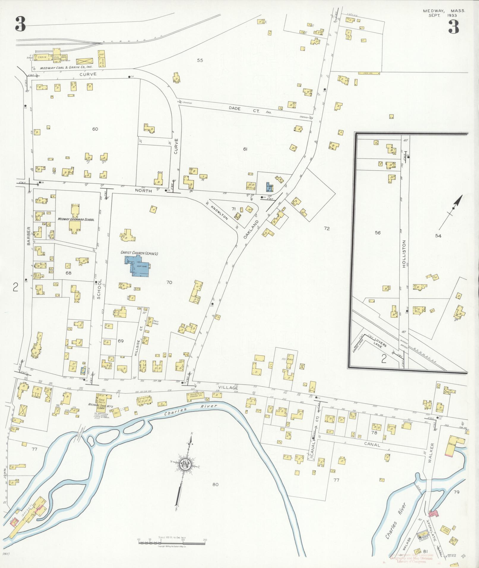 Sanborn Fire Insurance Map from Medway, Norfolk County, Massachusetts (1933), Sheet #0003 - Complete Map Set gallery image, historic Sanborn map, vintage wall art, Massachusetts Massachusetts
