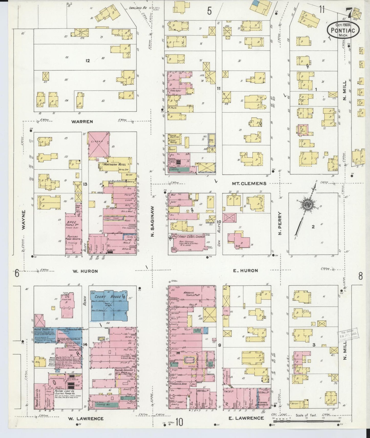 Sanborn Fire Insurance Map from Pontiac, Oakland County, Michigan (1909), Sheet #0007 - Complete Map Set gallery image, historic Sanborn map, vintage wall art, Michigan Michigan