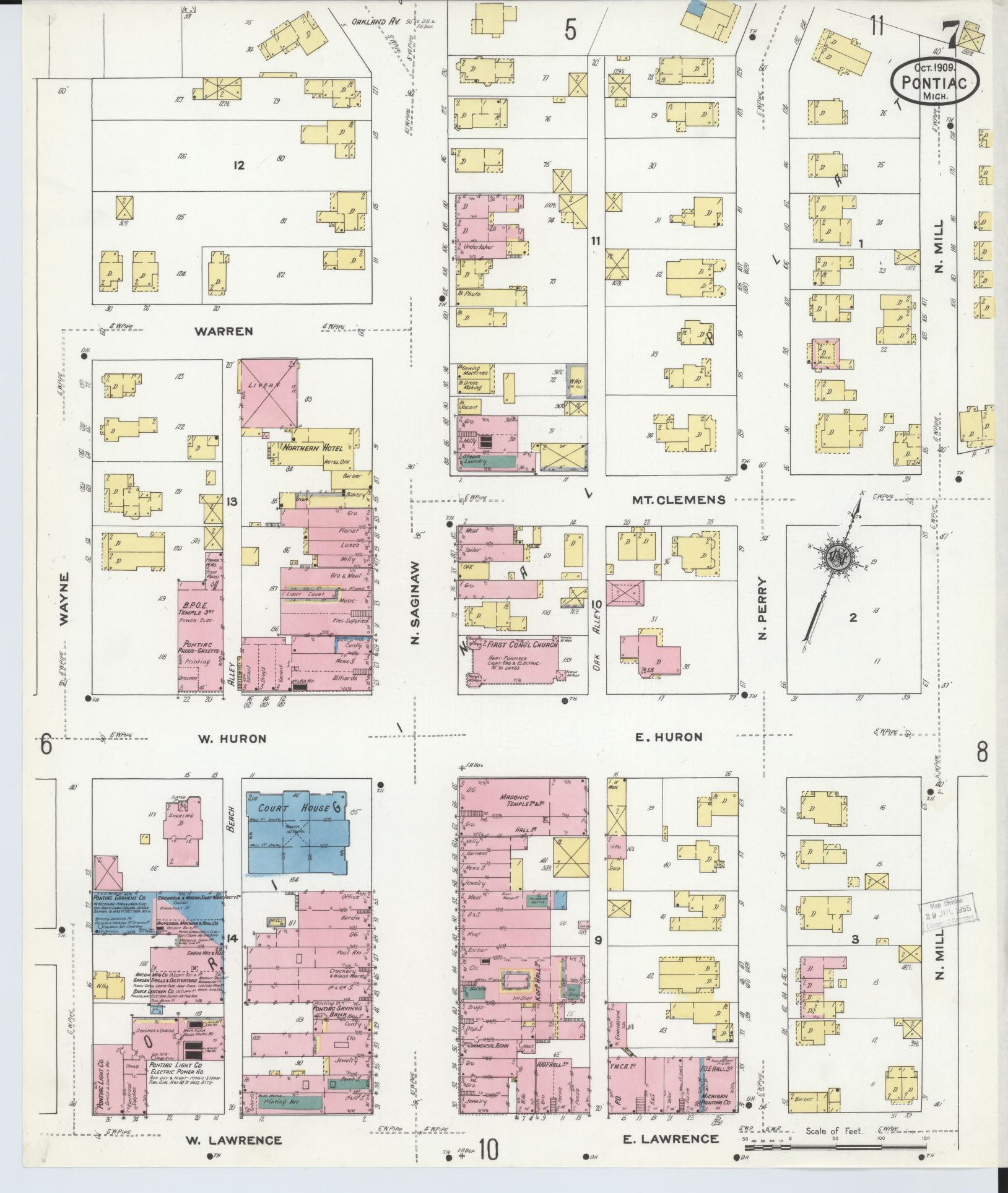 Sanborn Fire Insurance Map from Pontiac, Oakland County, Michigan (1909), Sheet #0007 - Complete Map Set gallery image, historic Sanborn map, vintage wall art, Michigan Michigan