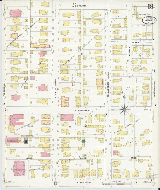 Sanborn Fire Insurance Map from Danville, Vermilion County, Illinois (1909), Sheet #0018 - Historic Sanborn Fire Insurance Map Print, vintage old map wall art, antique decor, genealogy gift, Illinois Illinois map