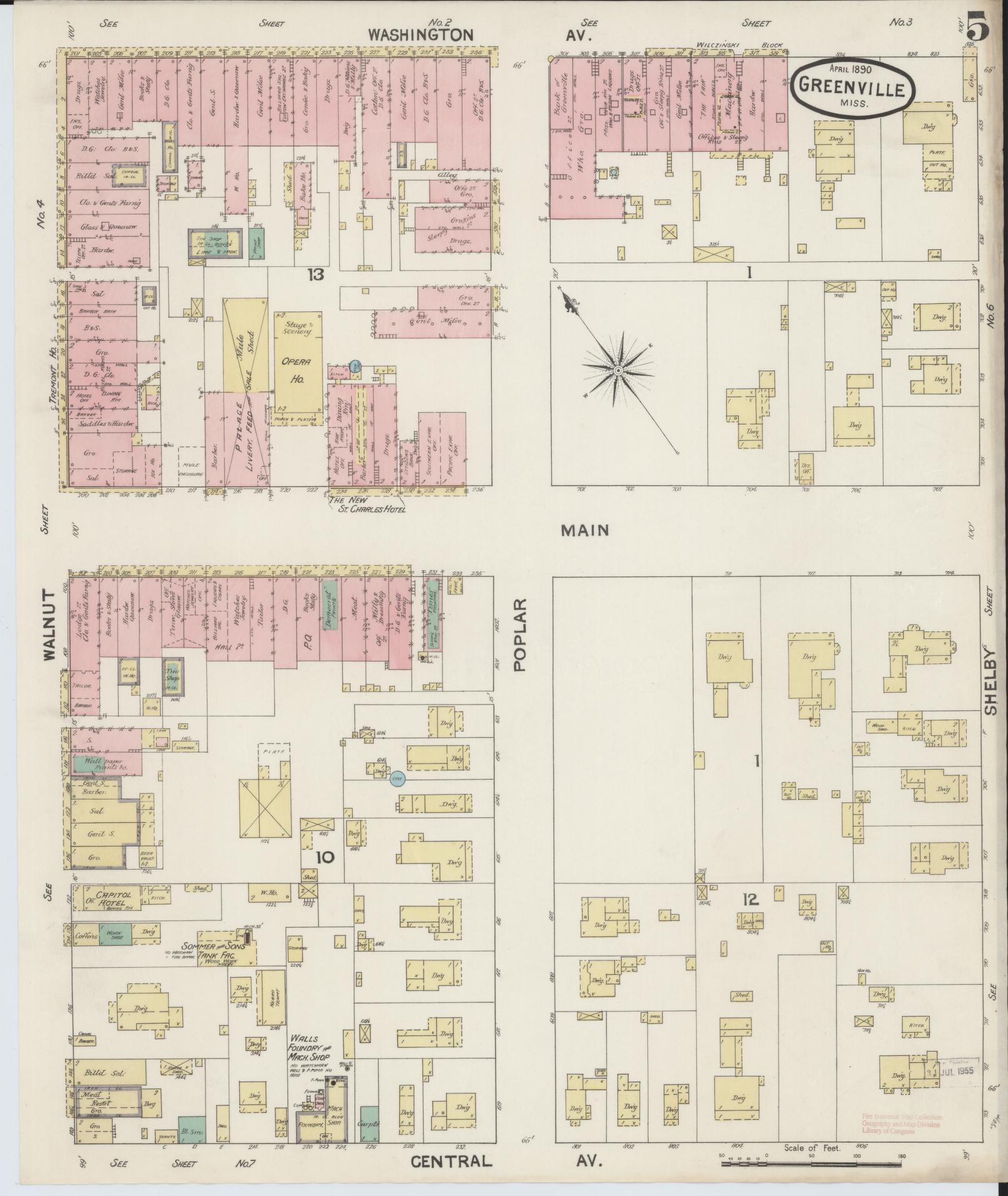 Sanborn Fire Insurance Map from Greenville, Washington County, Mississippi (1890), Sheet #0005 - Historic Sanborn Fire Insurance Map Print, vintage old map wall art, antique decor, genealogy gift, Mississippi Mississippi map
