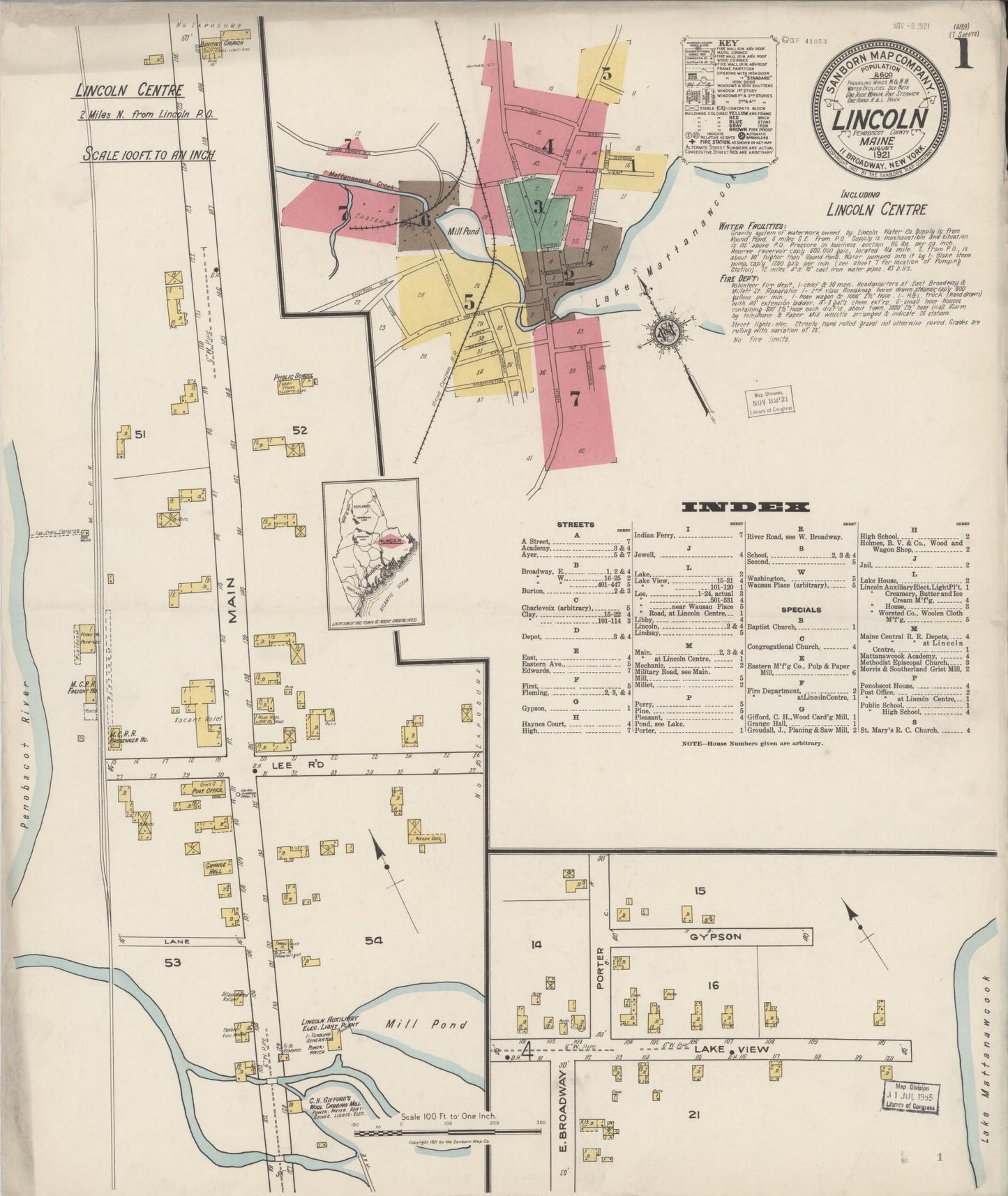 Sanborn Fire Insurance Map from Lincoln, Penobscot County, Maine (1921), Sheet #0001 - Complete Map Set gallery image, historic Sanborn map, vintage wall art, Maine Maine