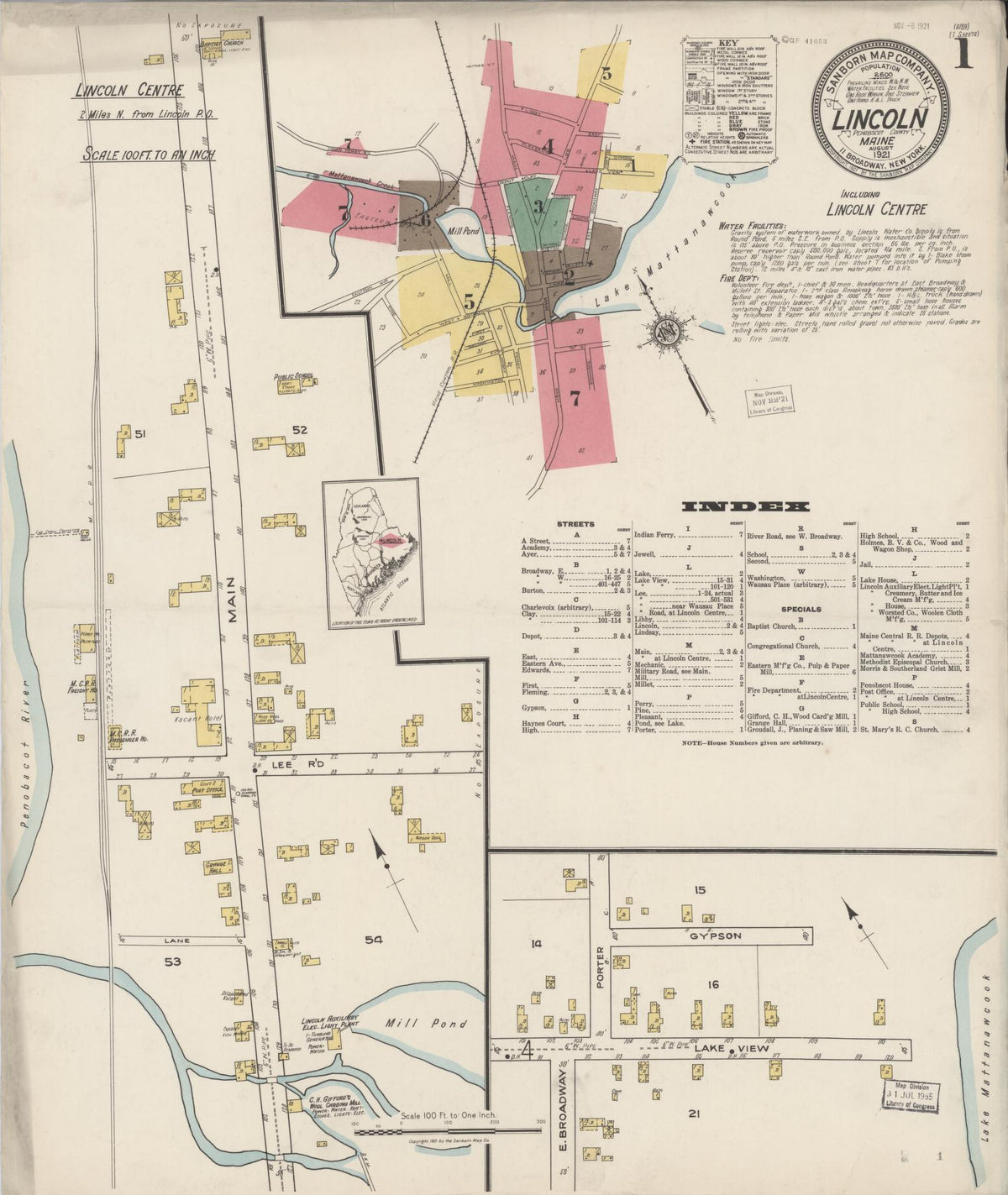 Sanborn Fire Insurance Map from Lincoln, Penobscot County, Maine (1921), Sheet #0001 - Complete Map Set gallery image, historic Sanborn map, vintage wall art, Maine Maine