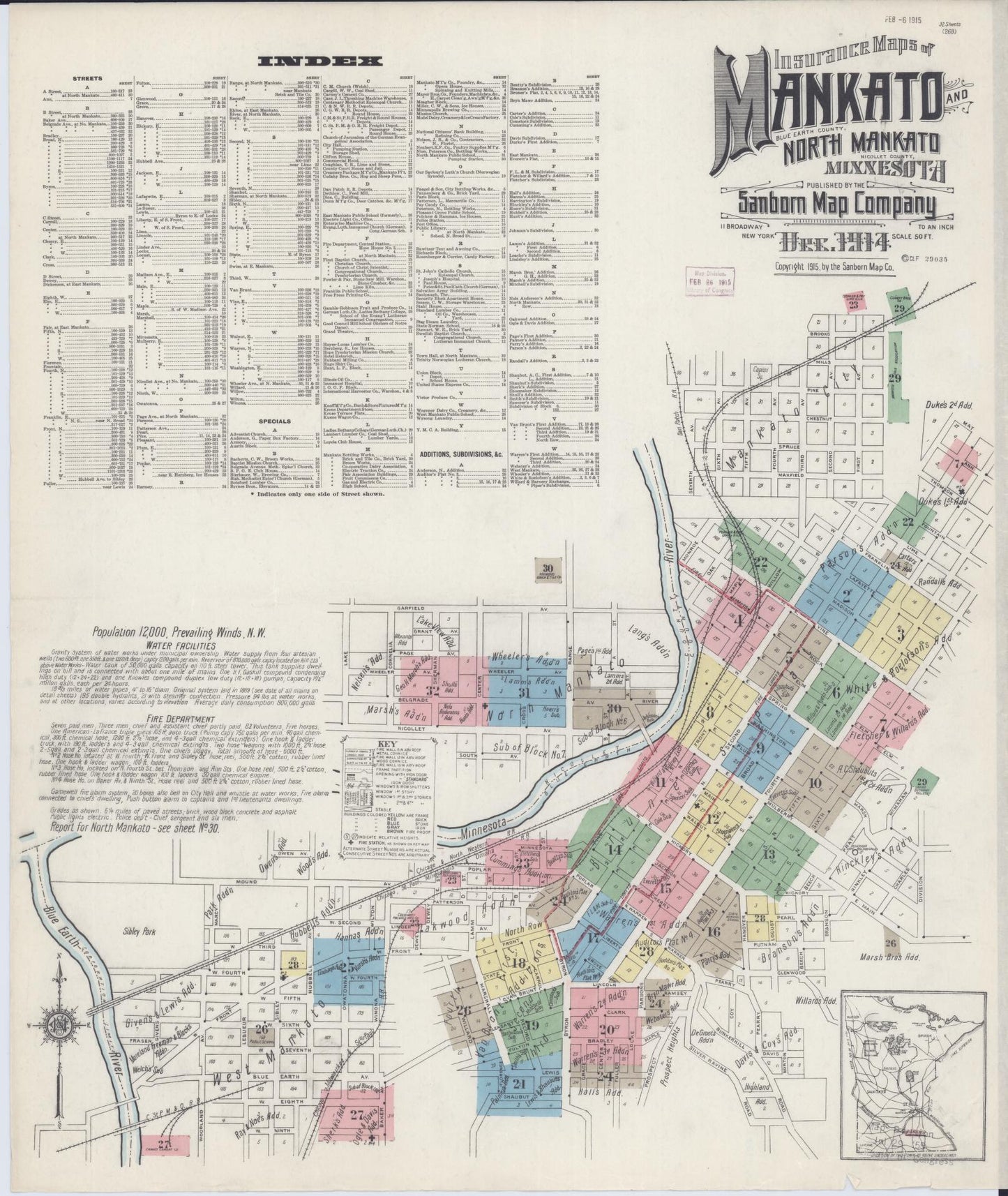 Sanborn Fire Insurance Map from Mankato, Blue Earth County, Minnesota (1914), Sheet #0001 - Complete Map Set gallery image, historic Sanborn map, vintage wall art, Minnesota Minnesota