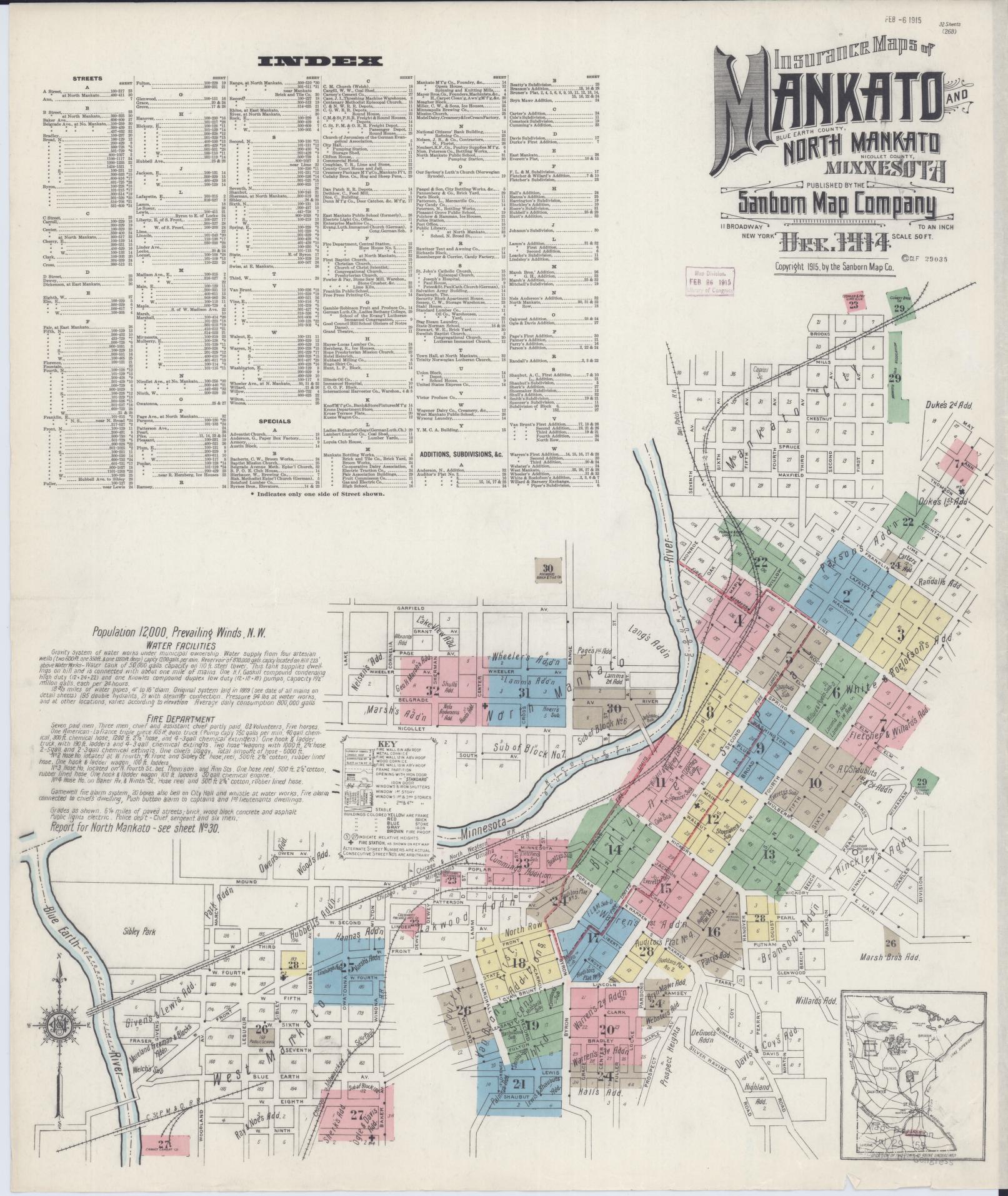 Sanborn Fire Insurance Map from Mankato, Blue Earth County, Minnesota (1914), Sheet #0001 - Complete Map Set gallery image, historic Sanborn map, vintage wall art, Minnesota Minnesota
