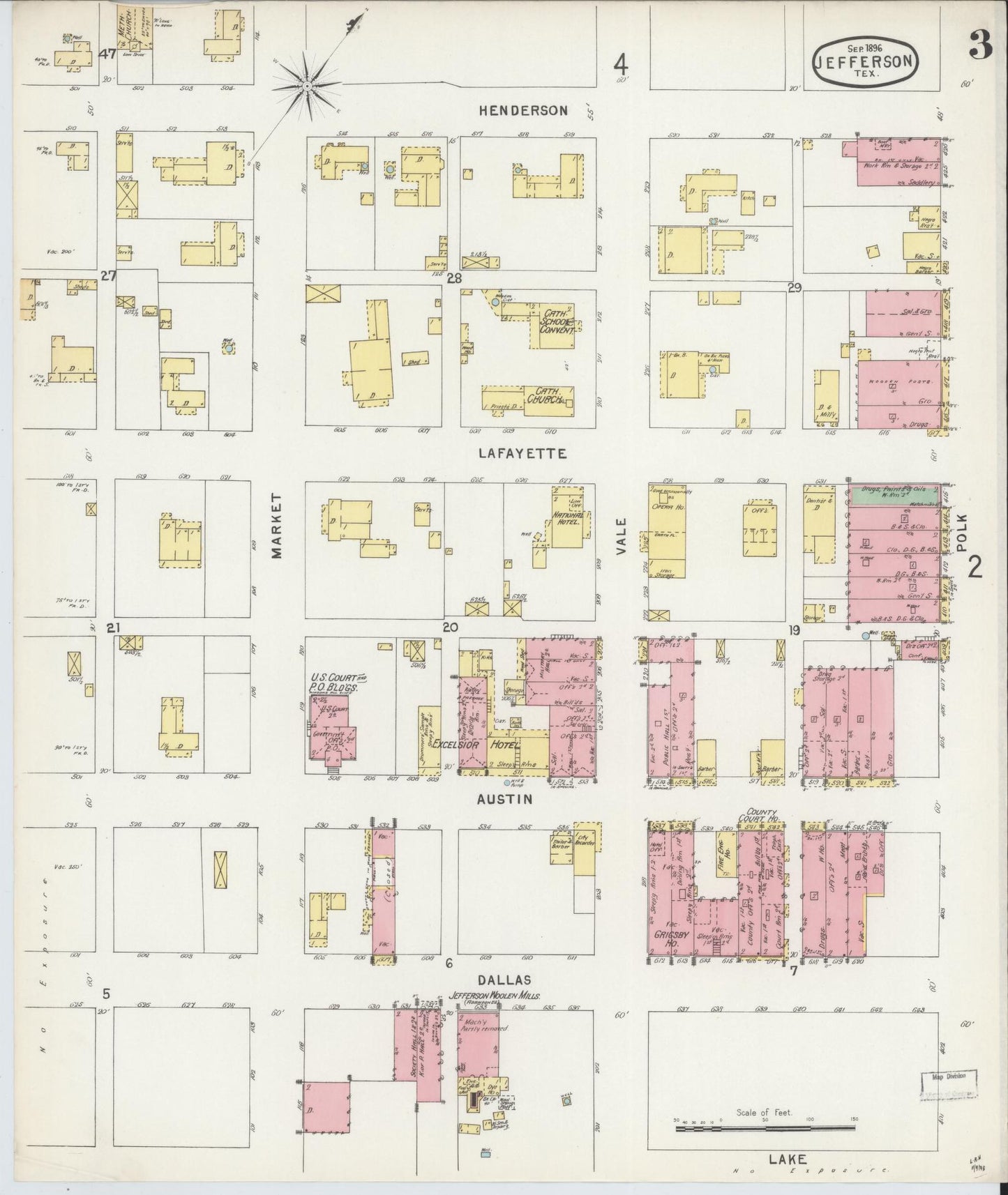 Sanborn Fire Insurance Map from Jefferson, Marion County, Texas (1896), Sheet #0003 - Complete Map Set gallery image, historic Sanborn map, vintage wall art, Texas Texas