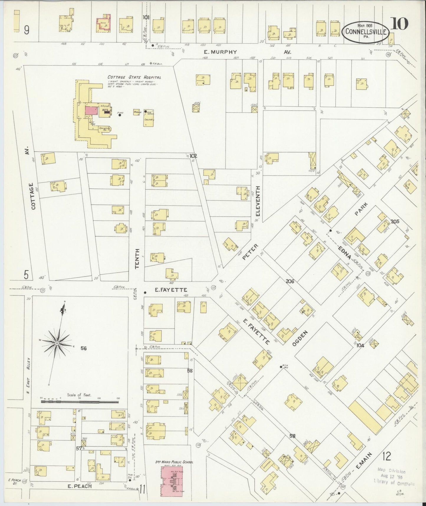 Sanborn Fire Insurance Map from Connellsville, Fayette County, Pennsylvania (1908), Sheet #0010 - Historic Sanborn Fire Insurance Map Print, vintage old map wall art, antique decor, genealogy gift, Pennsylvania Pennsylvania map
