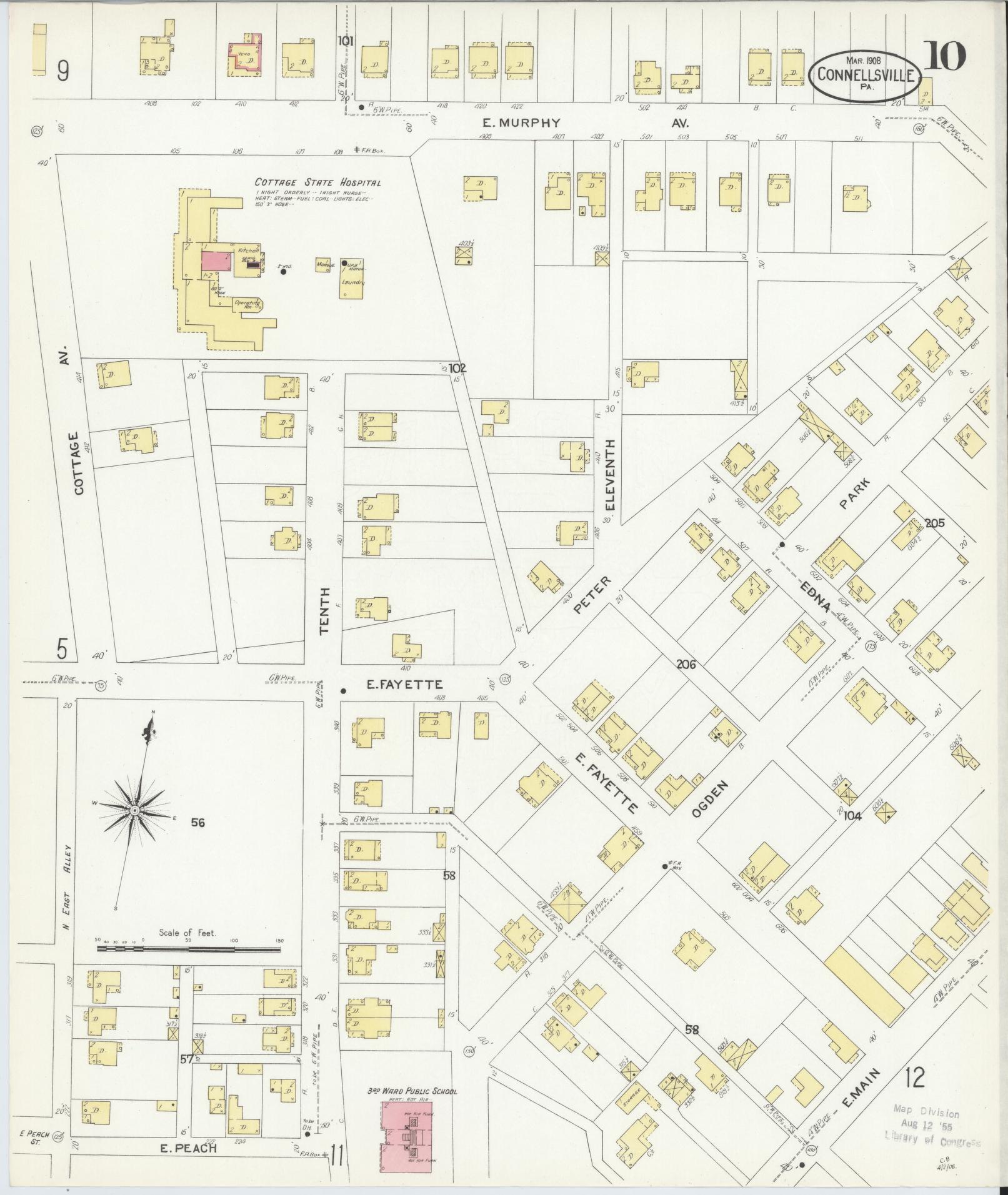Sanborn Fire Insurance Map from Connellsville, Fayette County, Pennsylvania (1908), Sheet #0010 - Historic Sanborn Fire Insurance Map Print, vintage old map wall art, antique decor, genealogy gift, Pennsylvania Pennsylvania map