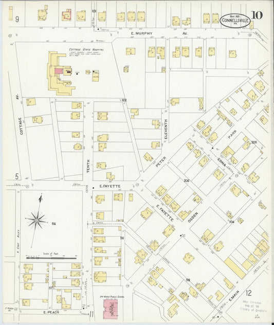 Sanborn Fire Insurance Map from Connellsville, Fayette County, Pennsylvania (1908), Sheet #0010 - Historic Sanborn Fire Insurance Map Print, vintage old map wall art, antique decor, genealogy gift, Pennsylvania Pennsylvania map