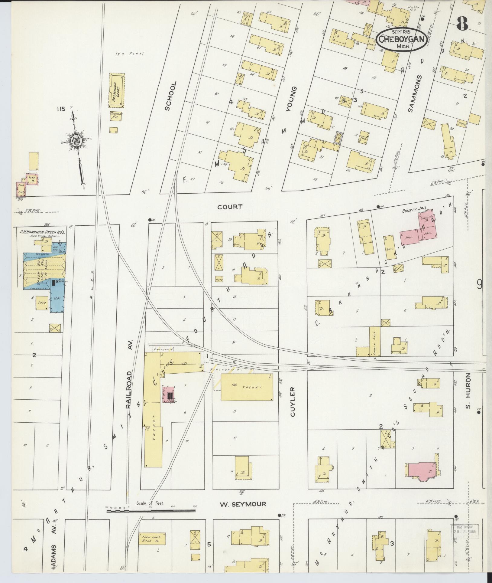 Sanborn Fire Insurance Map from Cheboygan, Cheboygan County, Michigan (1915), Sheet #0008 - Historic Sanborn Fire Insurance Map Print, vintage old map wall art, antique decor, genealogy gift, Michigan Michigan map