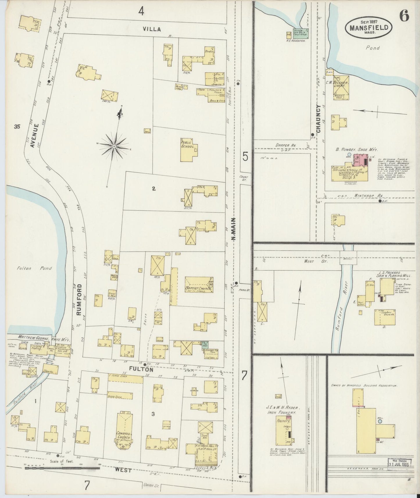 Sanborn Fire Insurance Map from Mansfield, Bristol County, Massachusetts (1897), Sheet #0006 - Historic Sanborn Fire Insurance Map Print, vintage old map wall art, antique decor, genealogy gift, Massachusetts Massachusetts map