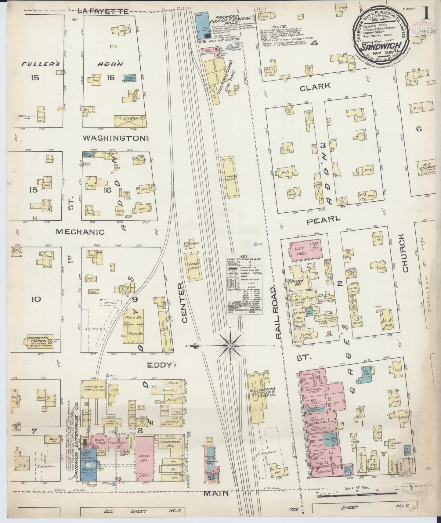 Sanborn Fire Insurance Map from Sandwich, De Kalb County, Illinois (1885), Sheet #0001 - Historic Sanborn Fire Insurance Map Print, vintage old map wall art, antique decor, genealogy gift, Illinois Illinois map