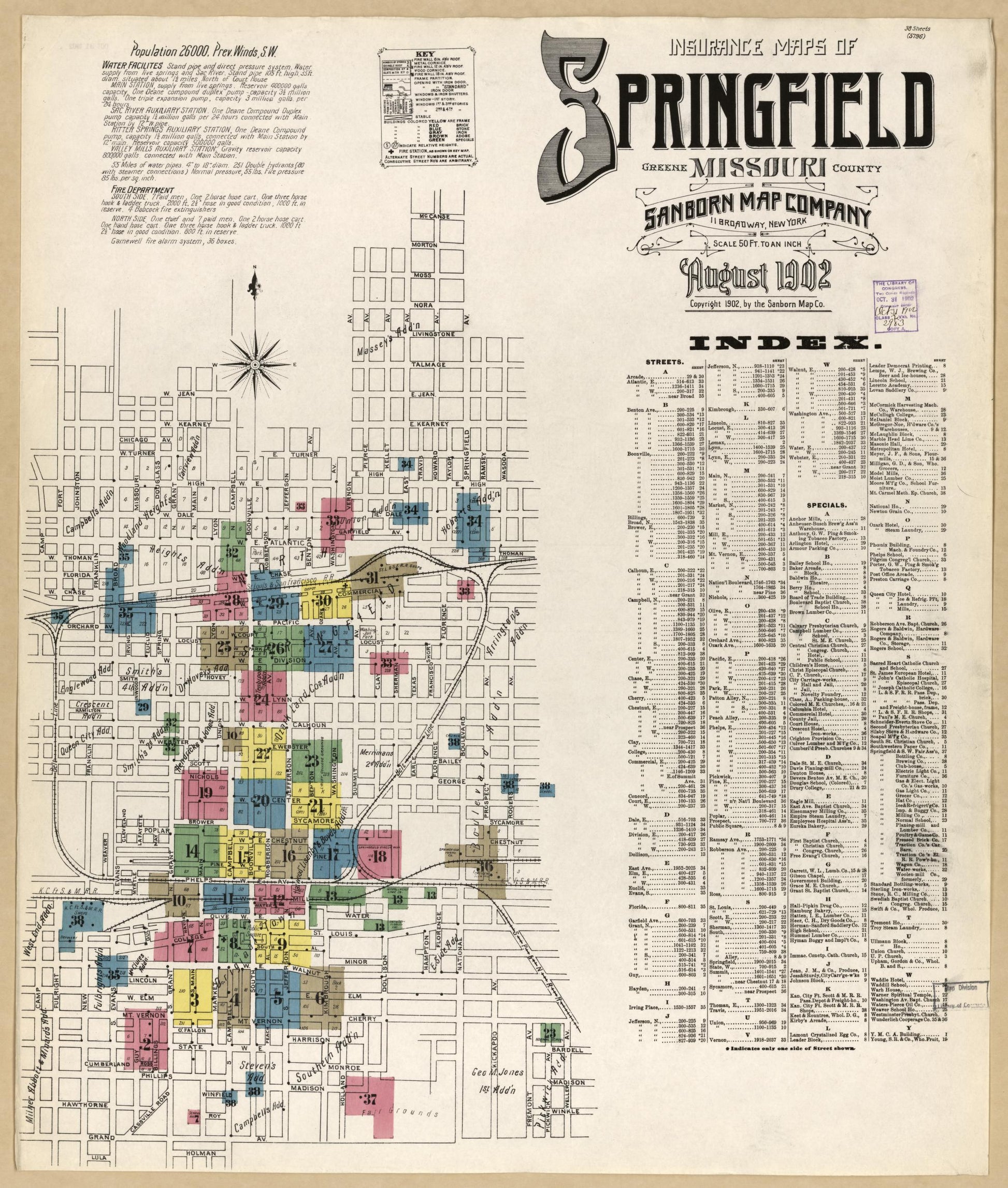 Sanborn Fire Insurance Map from Springfield, Greene County, Missouri (1902), Sheet #0001 - Historic Sanborn Fire Insurance Map Print, vintage old map wall art, antique decor, genealogy gift, Missouri Missouri map