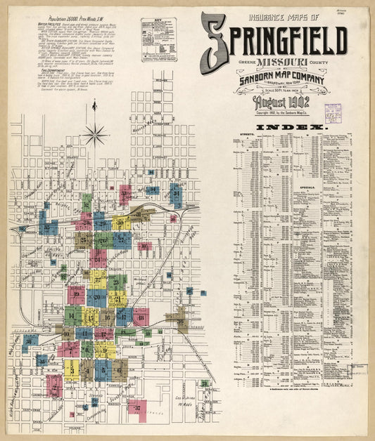 Sanborn Fire Insurance Map from Springfield, Greene County, Missouri (1902), Sheet #0001 - Historic Sanborn Fire Insurance Map Print, vintage old map wall art, antique decor, genealogy gift, Missouri Missouri map