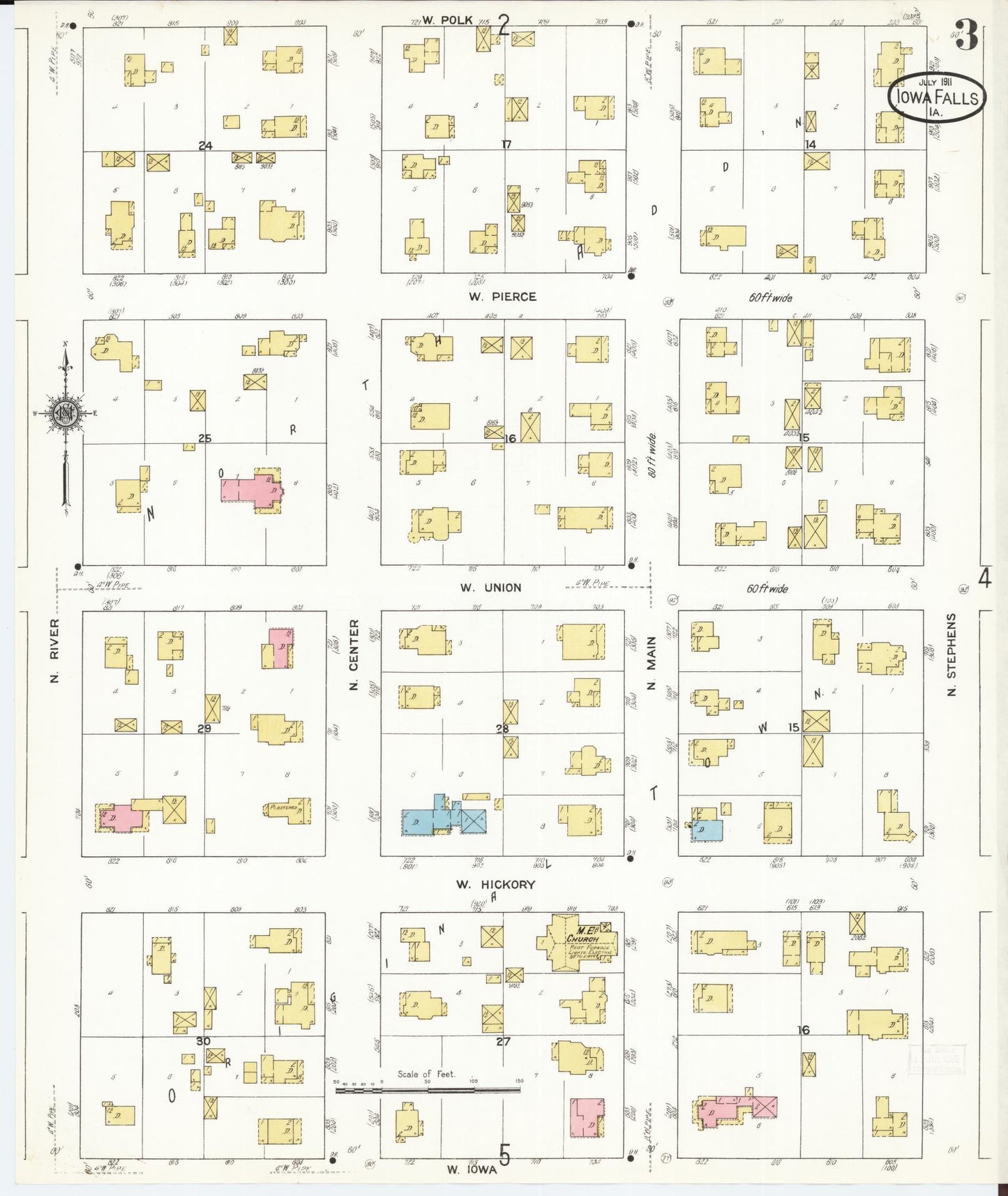 Sanborn Fire Insurance Map from Iowa Falls, Hardin County, Iowa (1911), Sheet #0003 - Historic Sanborn Fire Insurance Map Print, vintage old map wall art