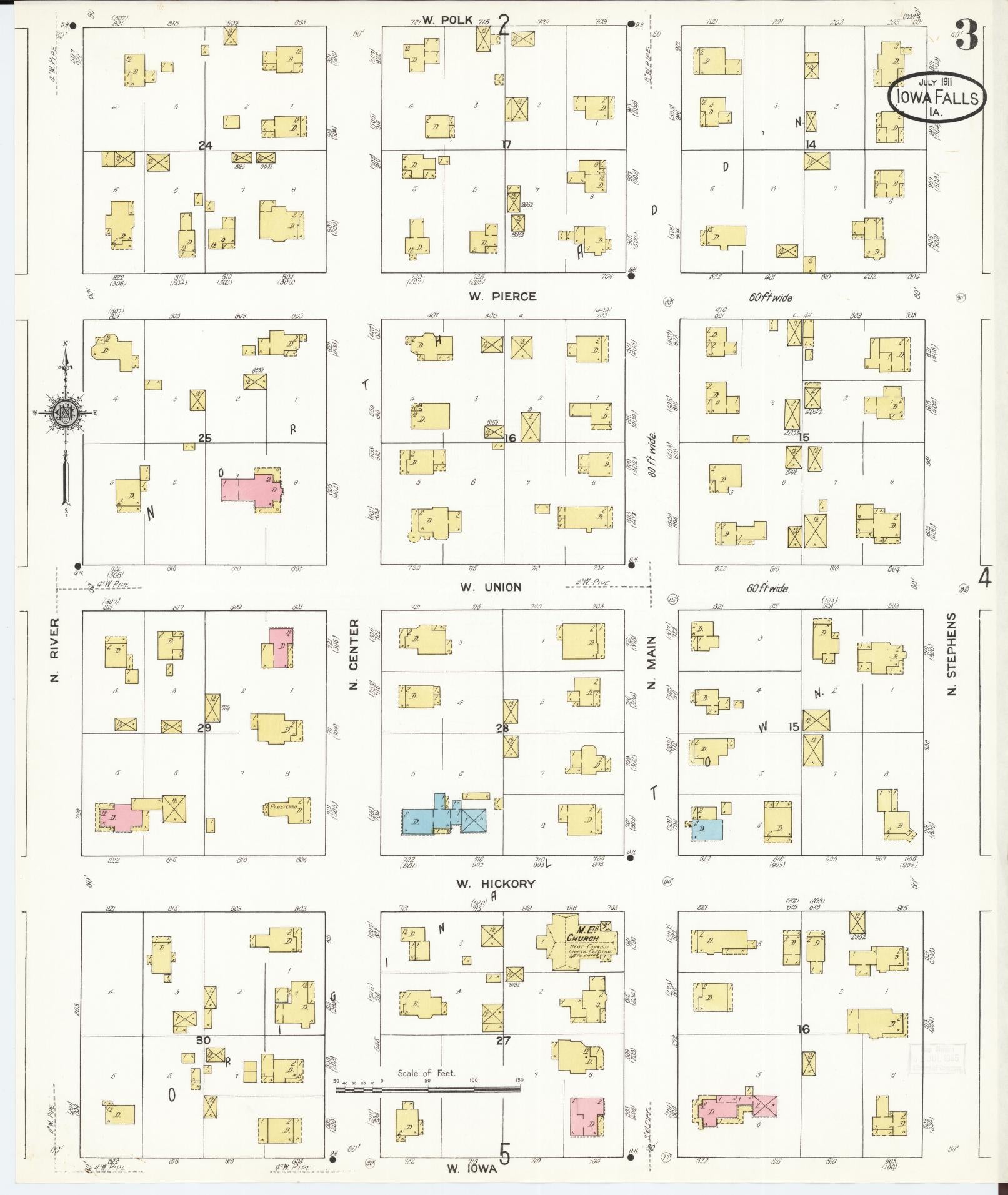 Sanborn Fire Insurance Map from Iowa Falls, Hardin County, Iowa (1911), Sheet #0003 - Historic Sanborn Fire Insurance Map Print, vintage old map wall art