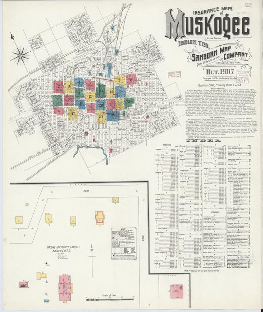 Sanborn Fire Insurance Map from Muskogee, Muskogee County, Oklahoma (1907), Sheet #0001 - Complete Map Set gallery image, historic Sanborn map, vintage wall art, Oklahoma Oklahoma
