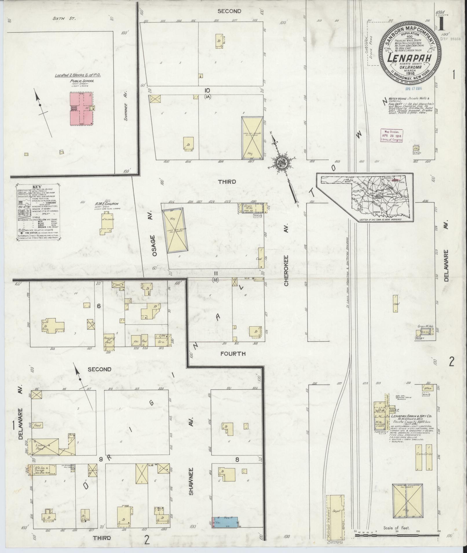 Sanborn Fire Insurance Map from Lenapah, Nowata County, Oklahoma (1914), Sheet #0001 - Historic Sanborn Fire Insurance Map Print, vintage old map wall art, antique decor, genealogy gift, Oklahoma Oklahoma map