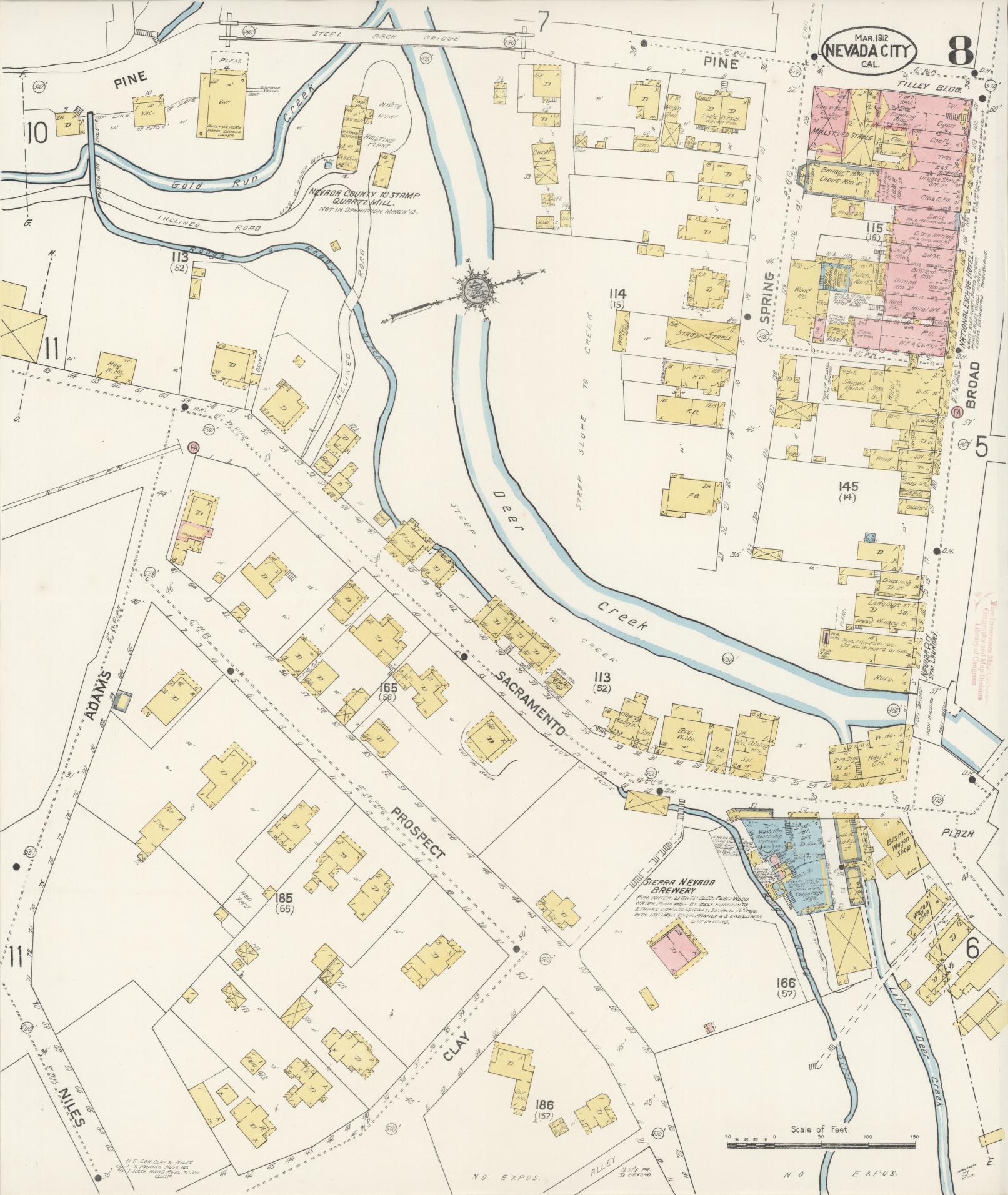Sanborn Fire Insurance Map from Nevada City, Nevada County, California (1912), Sheet #0008 - Historic Sanborn Fire Insurance Map Print, vintage old map wall art, antique decor, genealogy gift, Nevada City Nevada map