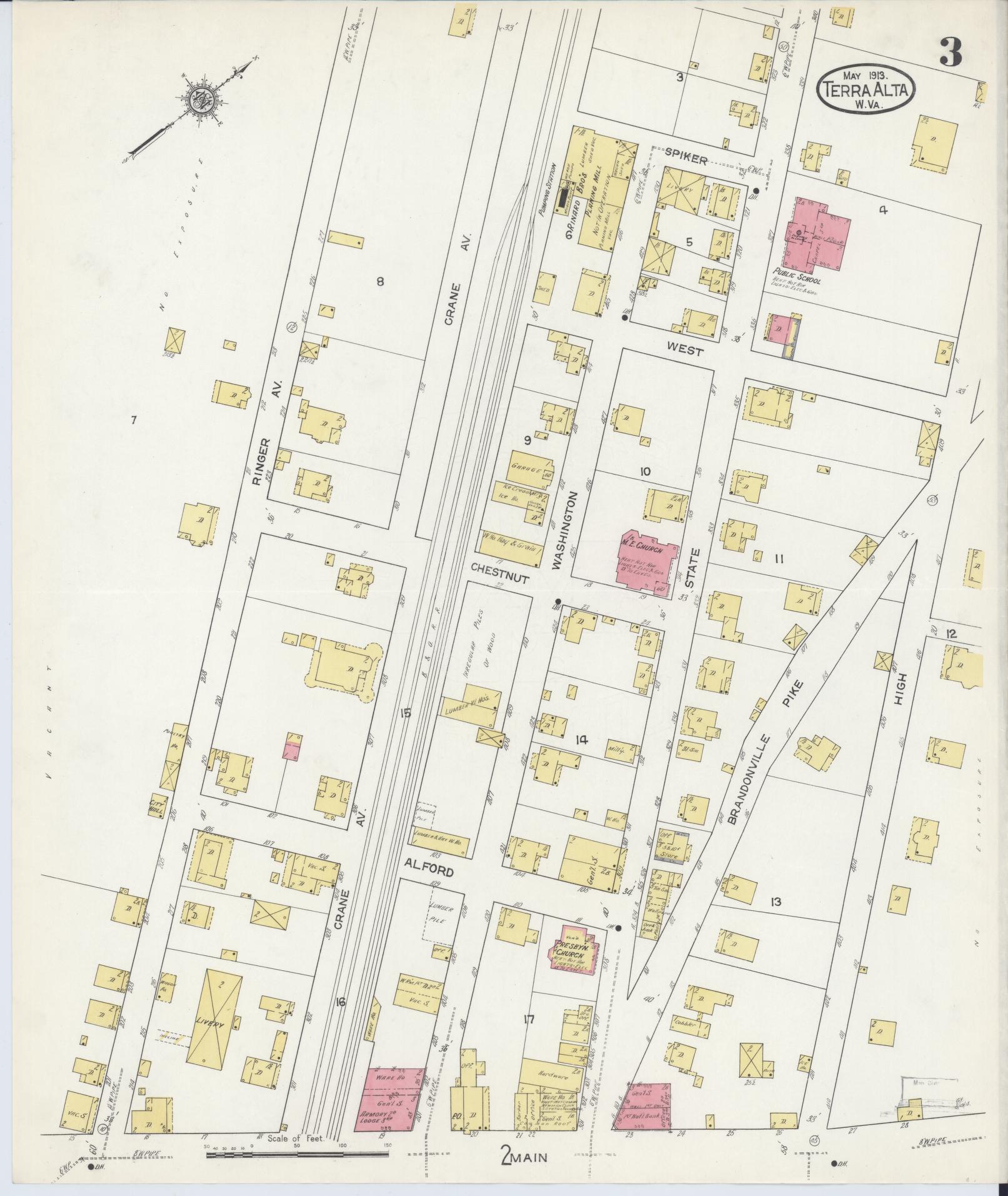 Sanborn Fire Insurance Map from Terra Alta, Preston County, West Virginia (1913), Sheet #0003 - Complete Map Set gallery image, historic Sanborn map, vintage wall art, West Virginia West Virginia