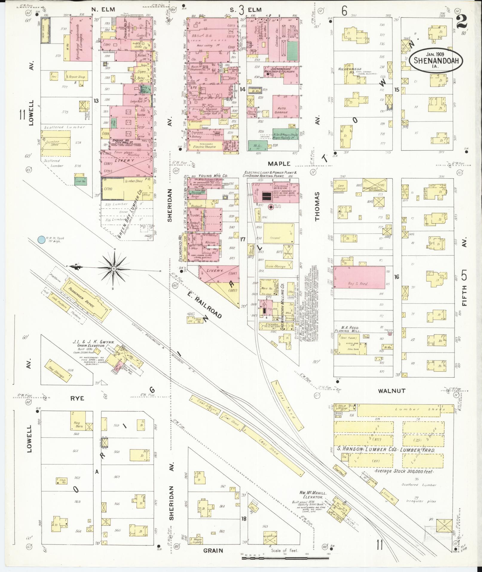 Sanborn Fire Insurance Map from Shenandoah, Page County, Iowa (1909), Sheet #0002 - Historic Sanborn Fire Insurance Map Print, vintage old map wall art
