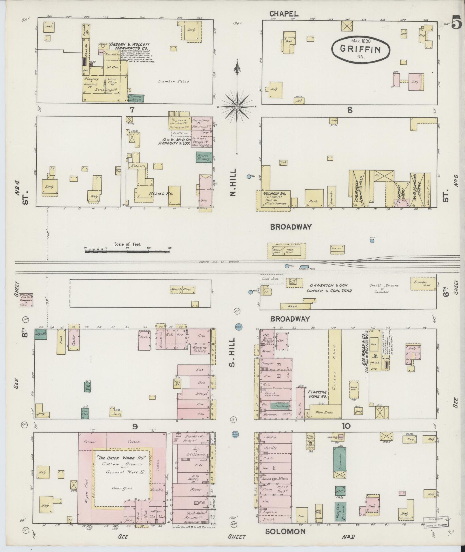 Sanborn Fire Insurance Map from Griffin, Spalding County, Georgia (1890), Sheet #0005 - Complete Map Set gallery image, historic Sanborn map, vintage wall art, Georgia Georgia