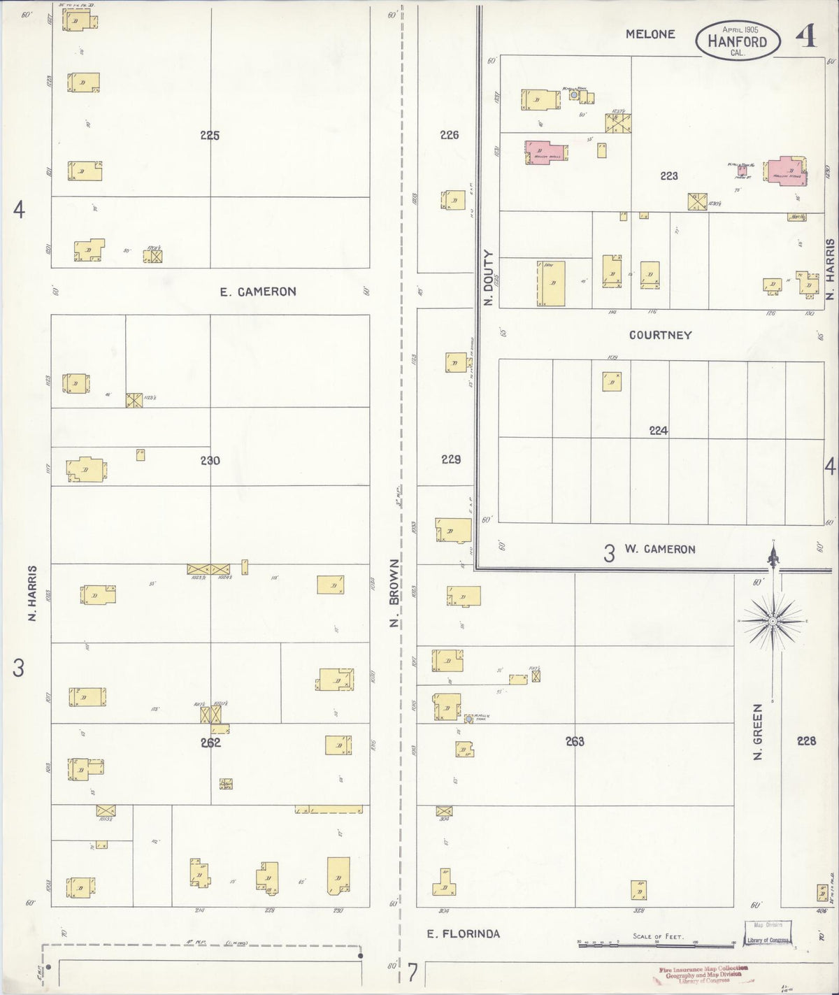 Sanborn Fire Insurance Map from Hanford, Kings County, California (1905), Sheet #0004 - Complete Map Set gallery image, historic Sanborn map, vintage wall art, California California