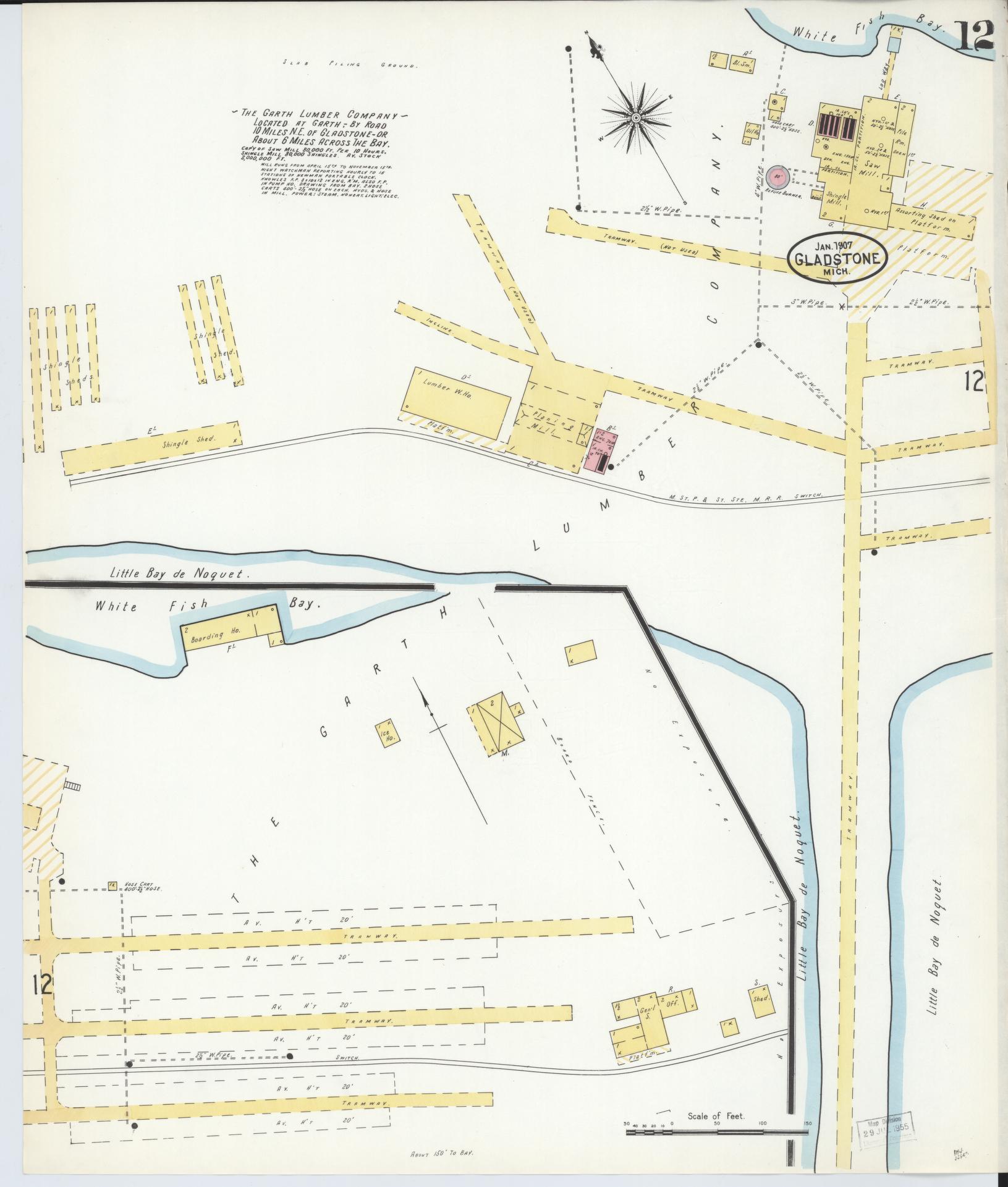 Sanborn Fire Insurance Map from Gladstone, Delta County, Michigan (1907), Sheet #0012 - Complete Map Set gallery image, historic Sanborn map, vintage wall art, Michigan Michigan