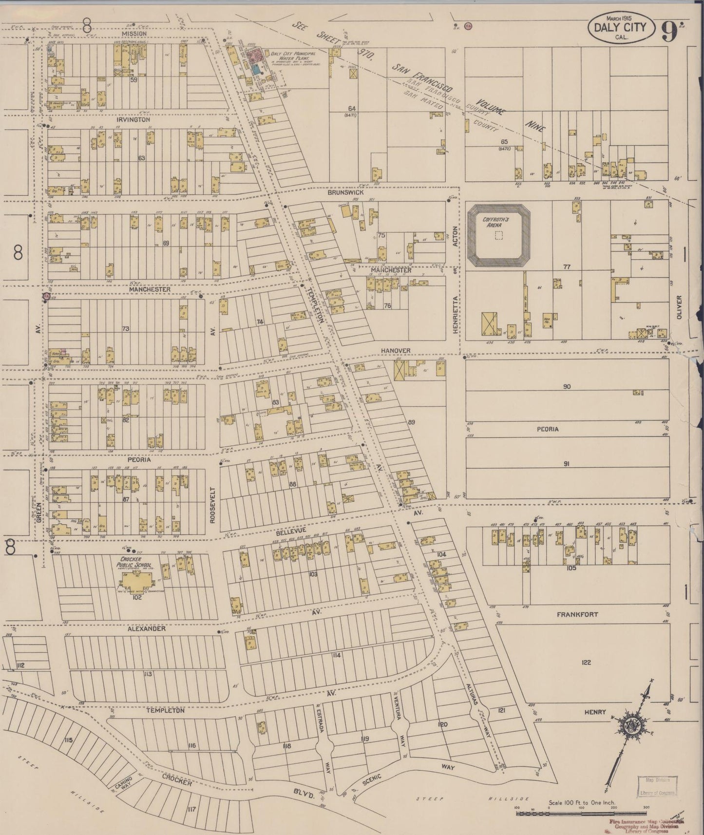 Sanborn Fire Insurance Map from Daly City, San Mateo County, California (1915), Sheet #0009 - Historic Sanborn Fire Insurance Map Print, vintage old map wall art, antique decor, genealogy gift, California California map