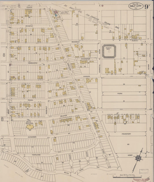 Sanborn Fire Insurance Map from Daly City, San Mateo County, California (1915), Sheet #0009 - Historic Sanborn Fire Insurance Map Print, vintage old map wall art, antique decor, genealogy gift, California California map