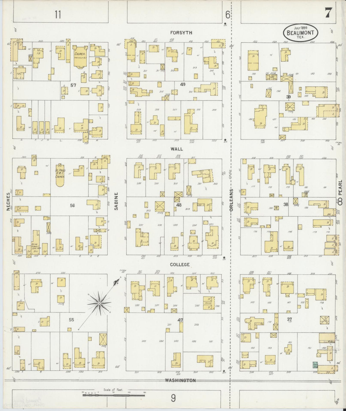 Sanborn Fire Insurance Map from Beaumont, Jefferson County, Texas (1899), Sheet #0007 - Complete Map Set gallery image, historic Sanborn map, vintage wall art, Texas Texas