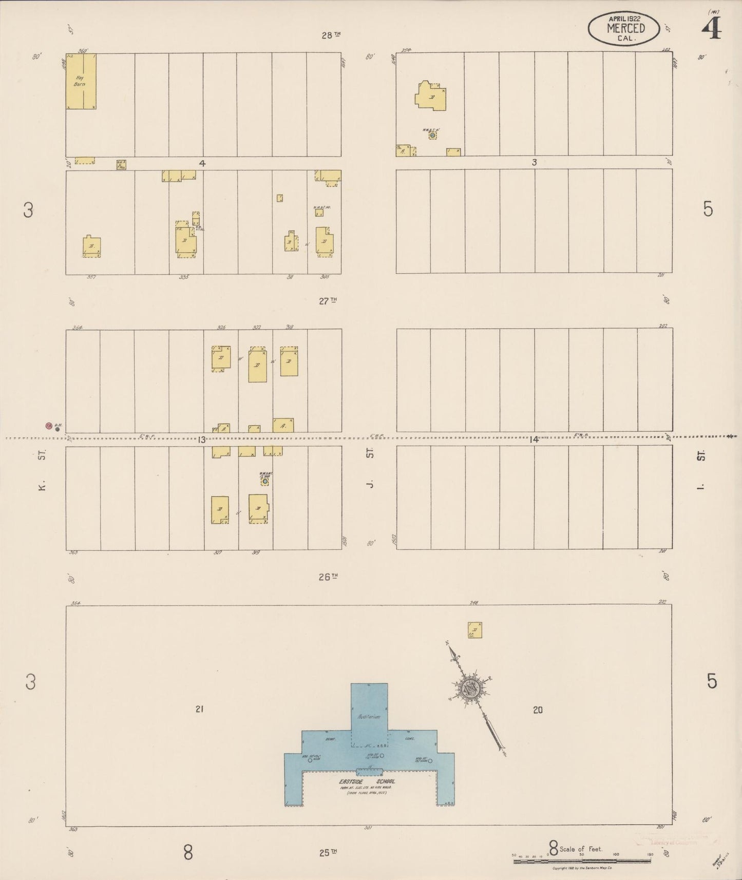 Sanborn Fire Insurance Map from Merced, Merced County, California (1922), Sheet #0004 - Historic Sanborn Fire Insurance Map Print, vintage old map wall art, antique decor, genealogy gift, California California map