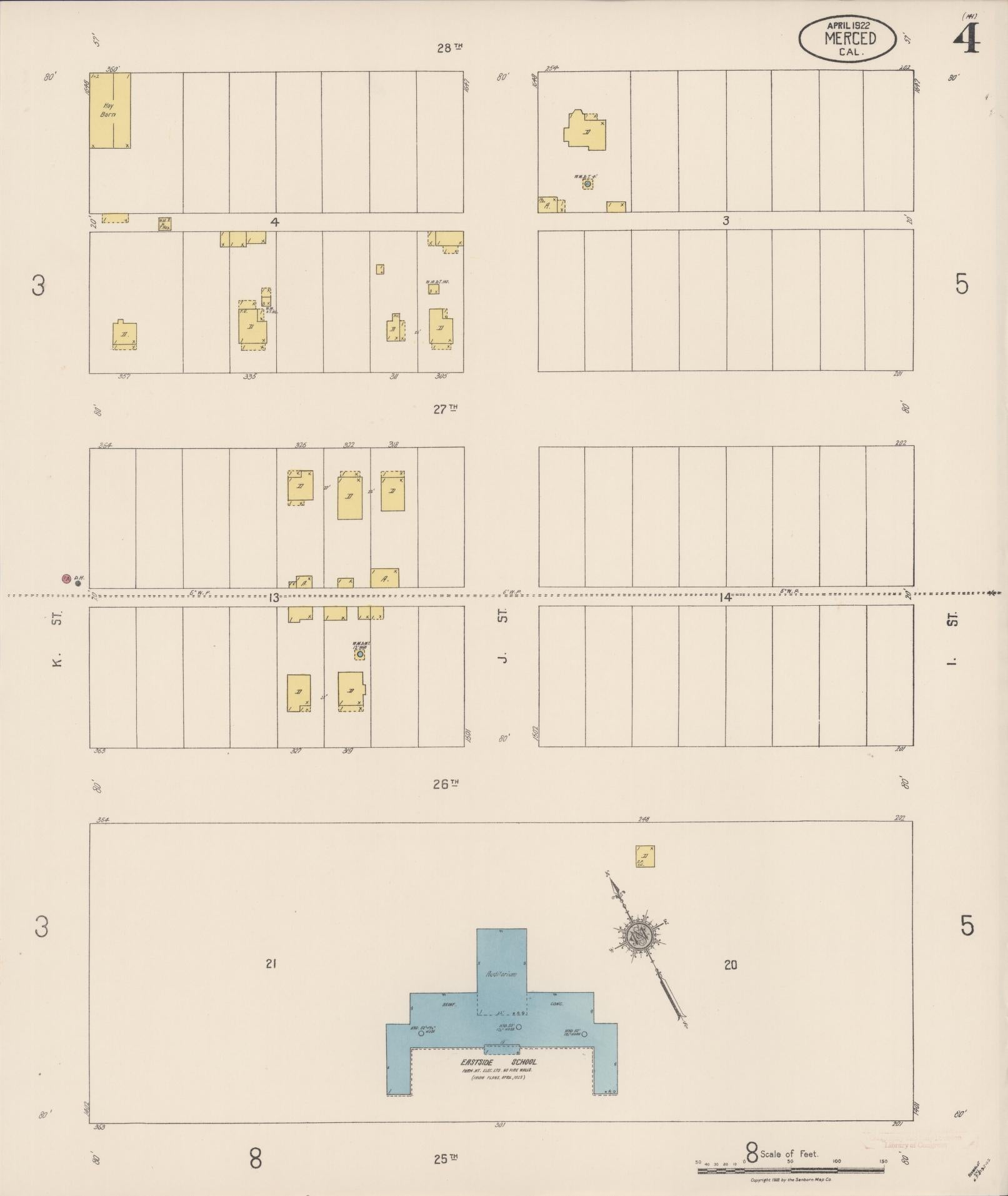 Sanborn Fire Insurance Map from Merced, Merced County, California (1922), Sheet #0004 - Historic Sanborn Fire Insurance Map Print, vintage old map wall art, antique decor, genealogy gift, California California map