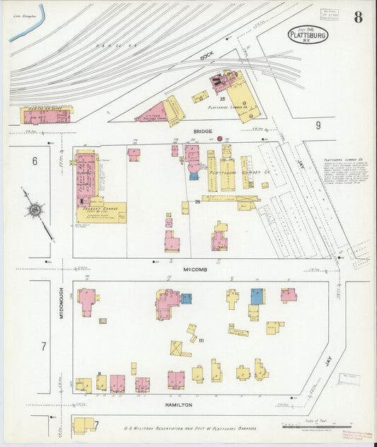 Sanborn Fire Insurance Map from Plattsburg, Clinton County, New York (1918), Sheet #0008 - Historic Sanborn Fire Insurance Map Print, vintage old map wall art, antique decor, genealogy gift, New York New York map
