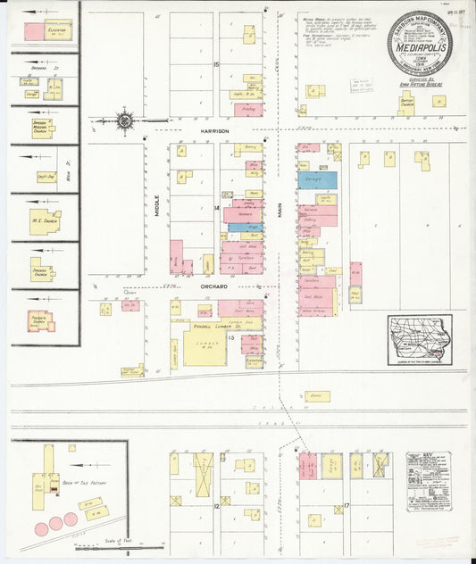 Sanborn Fire Insurance Map from Mediapolis, Des Moines County, Iowa (1916), Sheet #0001 - Historic Sanborn Fire Insurance Map Print, vintage old map wall art