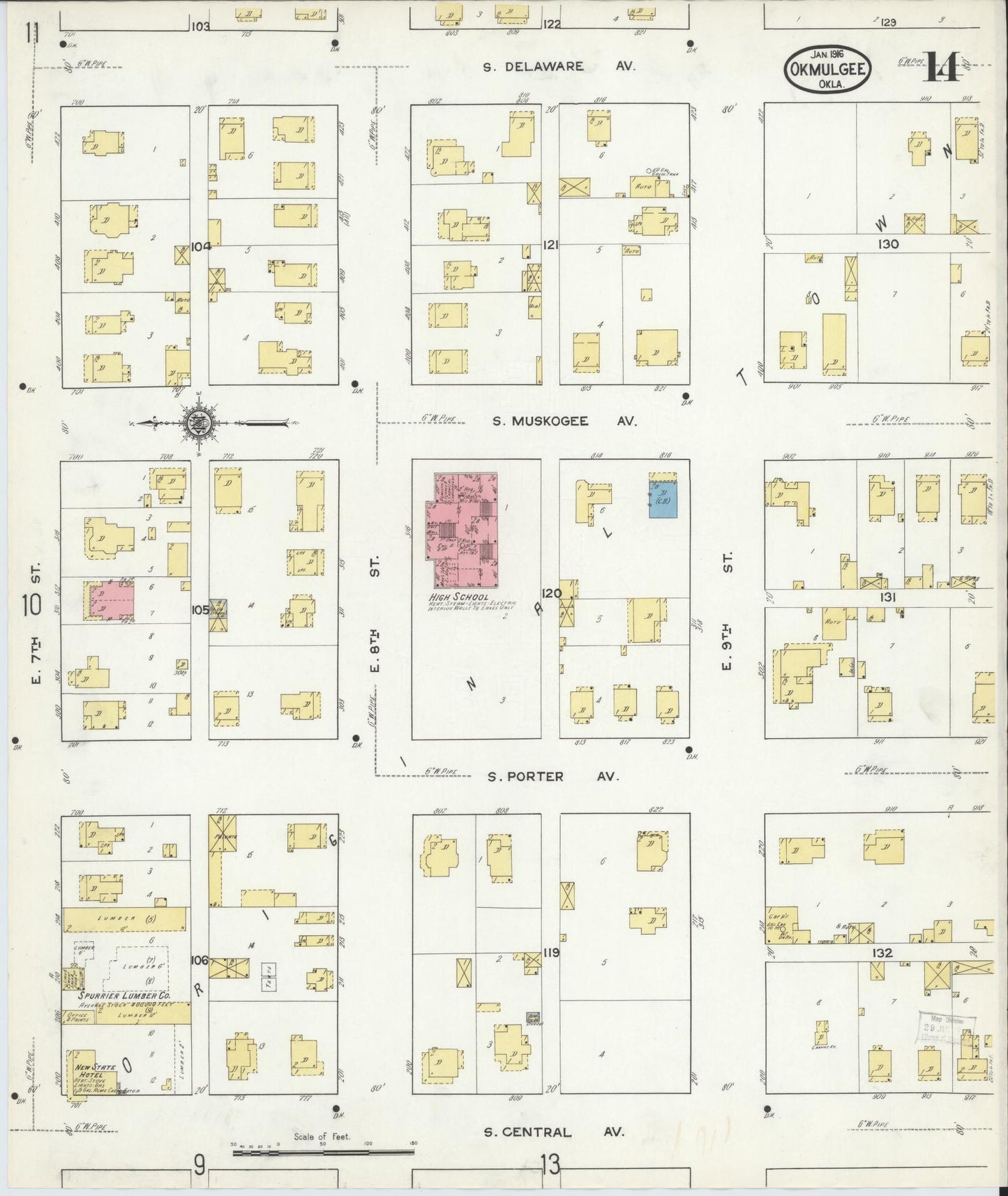 Sanborn Fire Insurance Map from Okmulgee, Okmulgee County, Oklahoma (1916), Sheet #0014 - Complete Map Set gallery image, historic Sanborn map, vintage wall art, Oklahoma Oklahoma